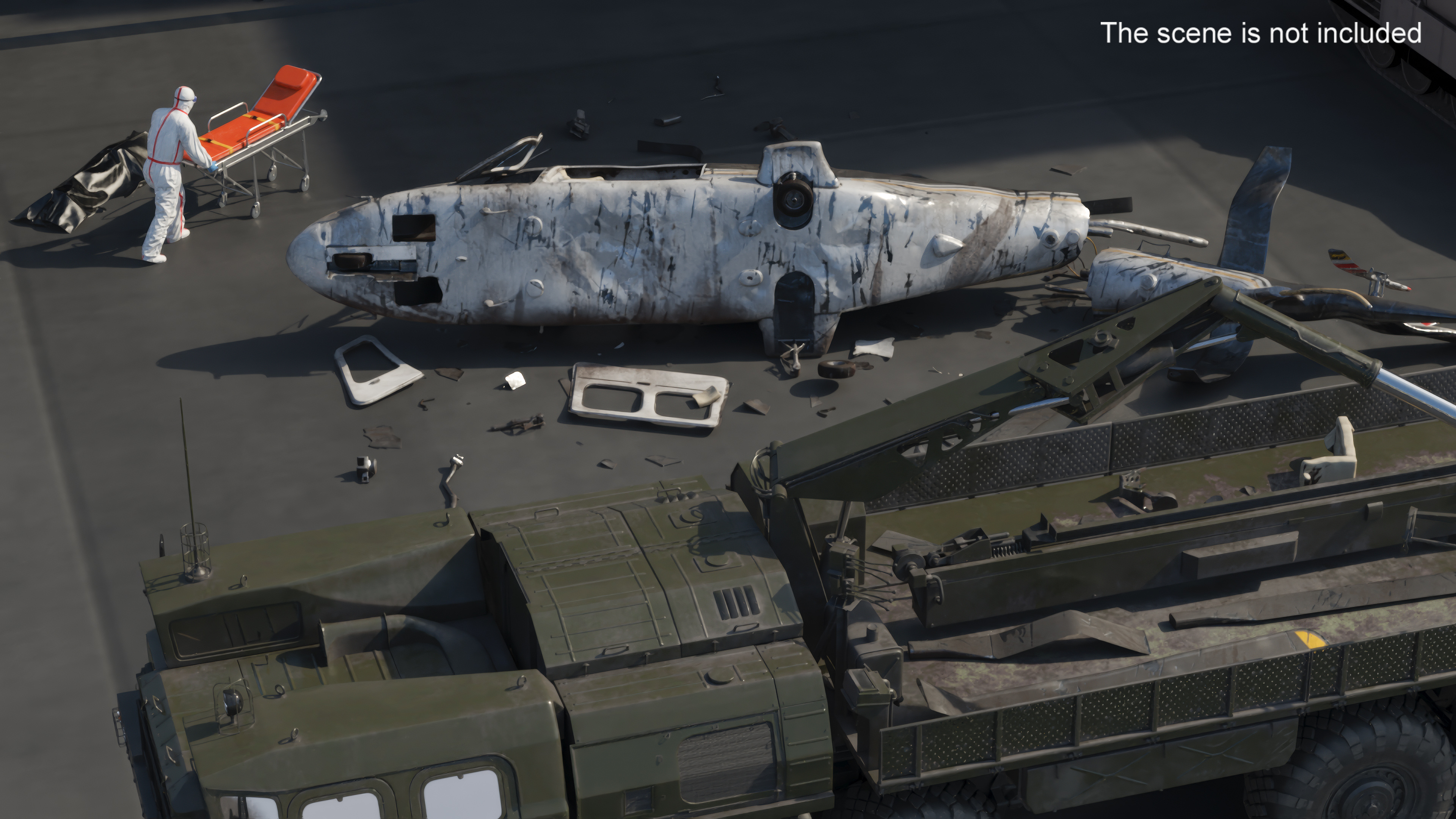 Military Tow Truck Load Crashed Helicopter Debris 3D model