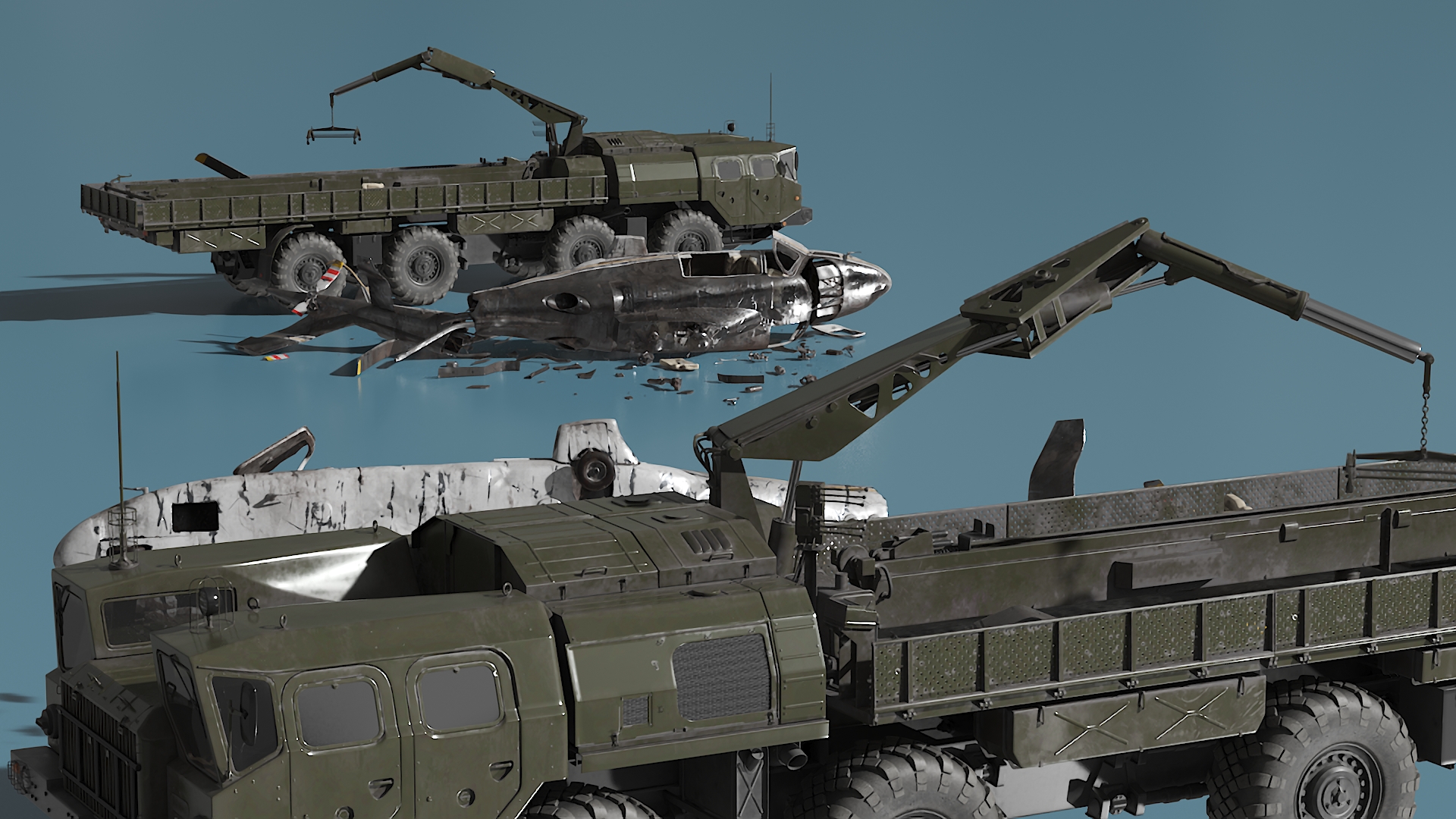 Military Tow Truck Load Crashed Helicopter Debris 3D model