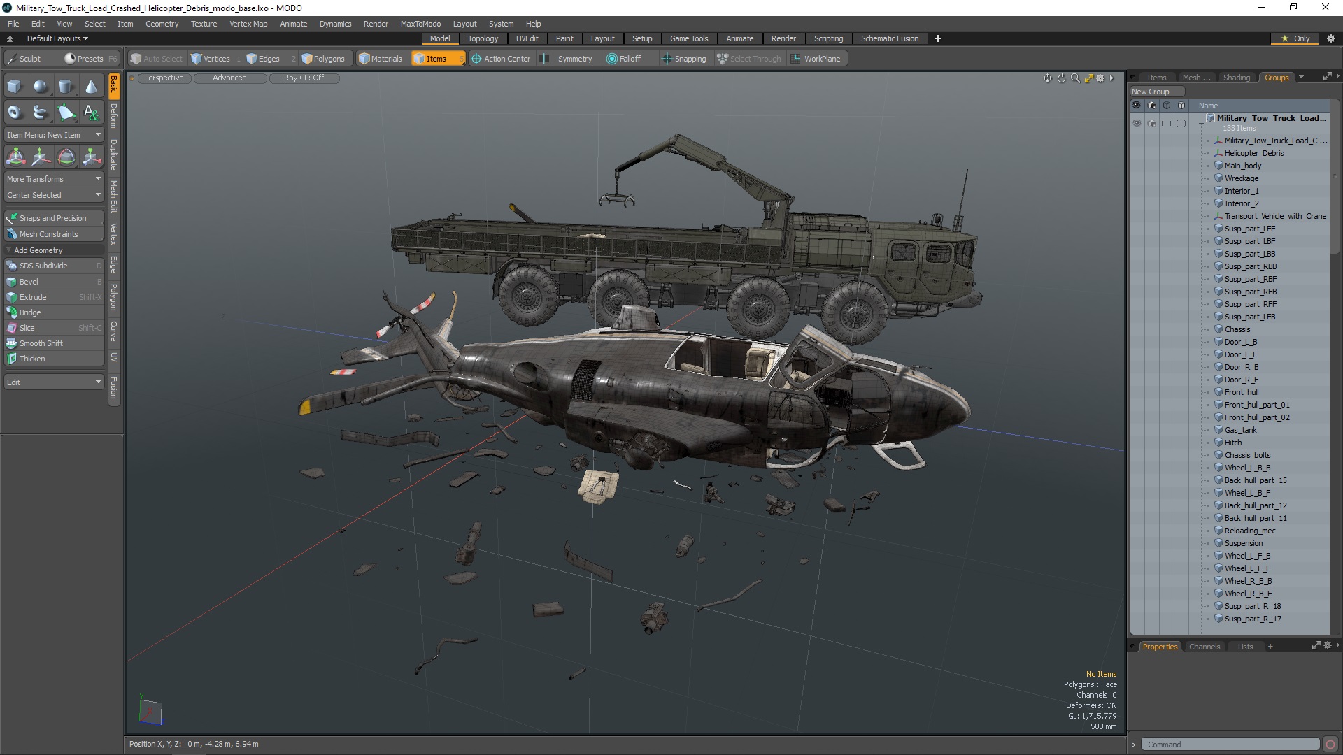 Military Tow Truck Load Crashed Helicopter Debris 3D model