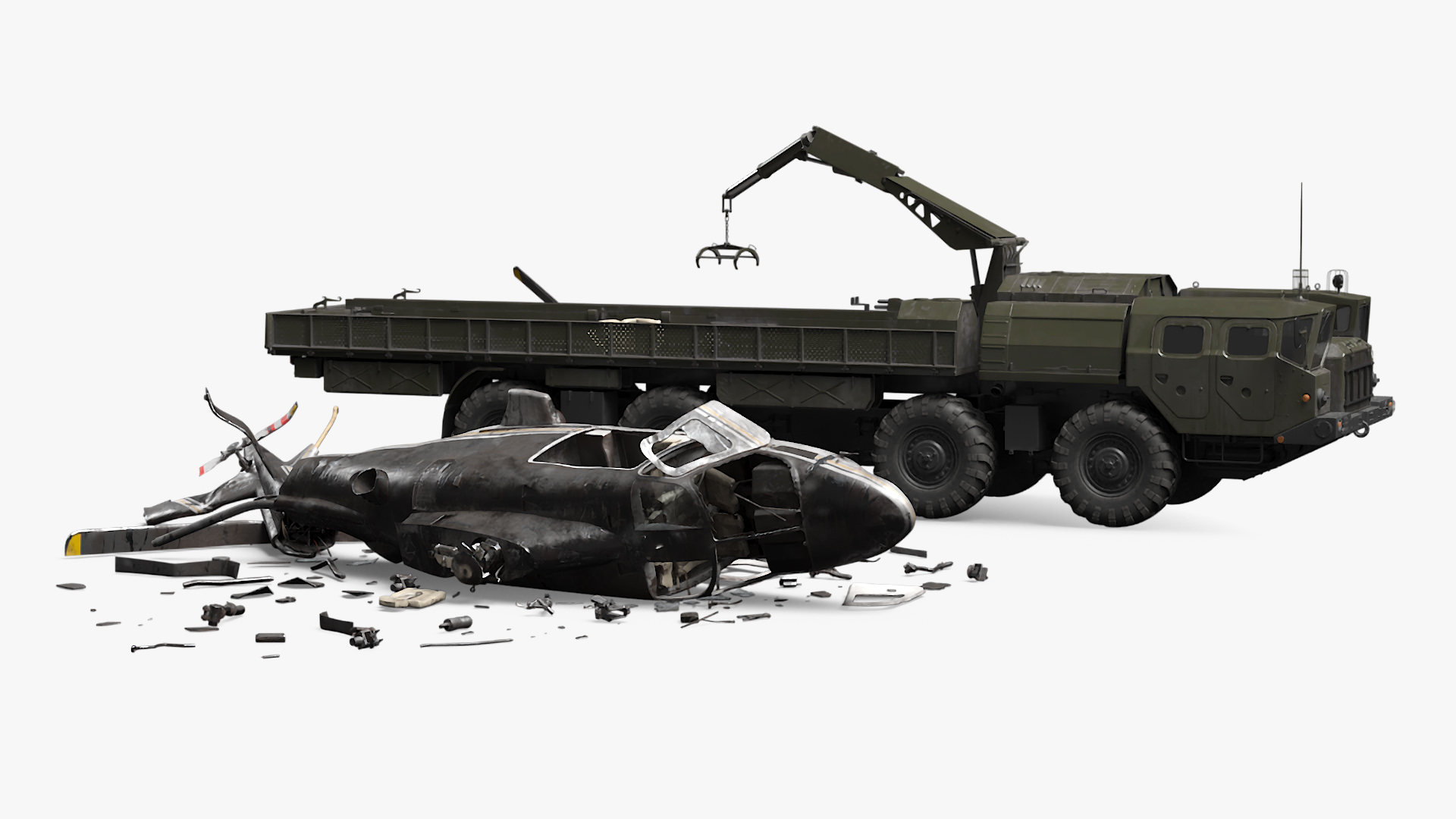 Military Tow Truck Load Crashed Helicopter Debris 3D model