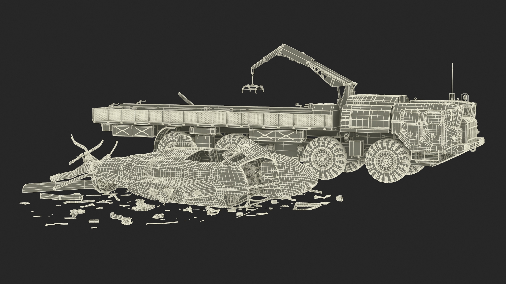 Military Tow Truck Load Crashed Helicopter Debris 3D model