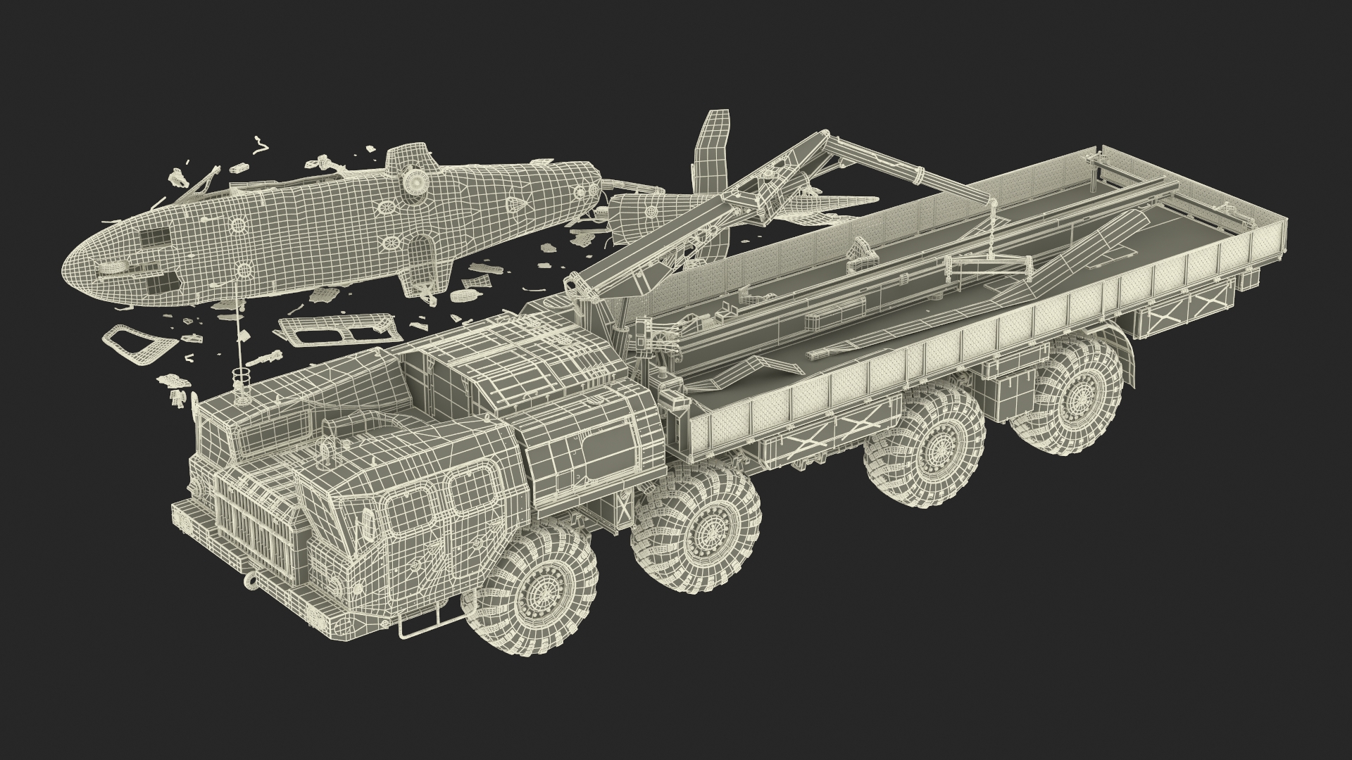 Military Tow Truck Load Crashed Helicopter Debris 3D model