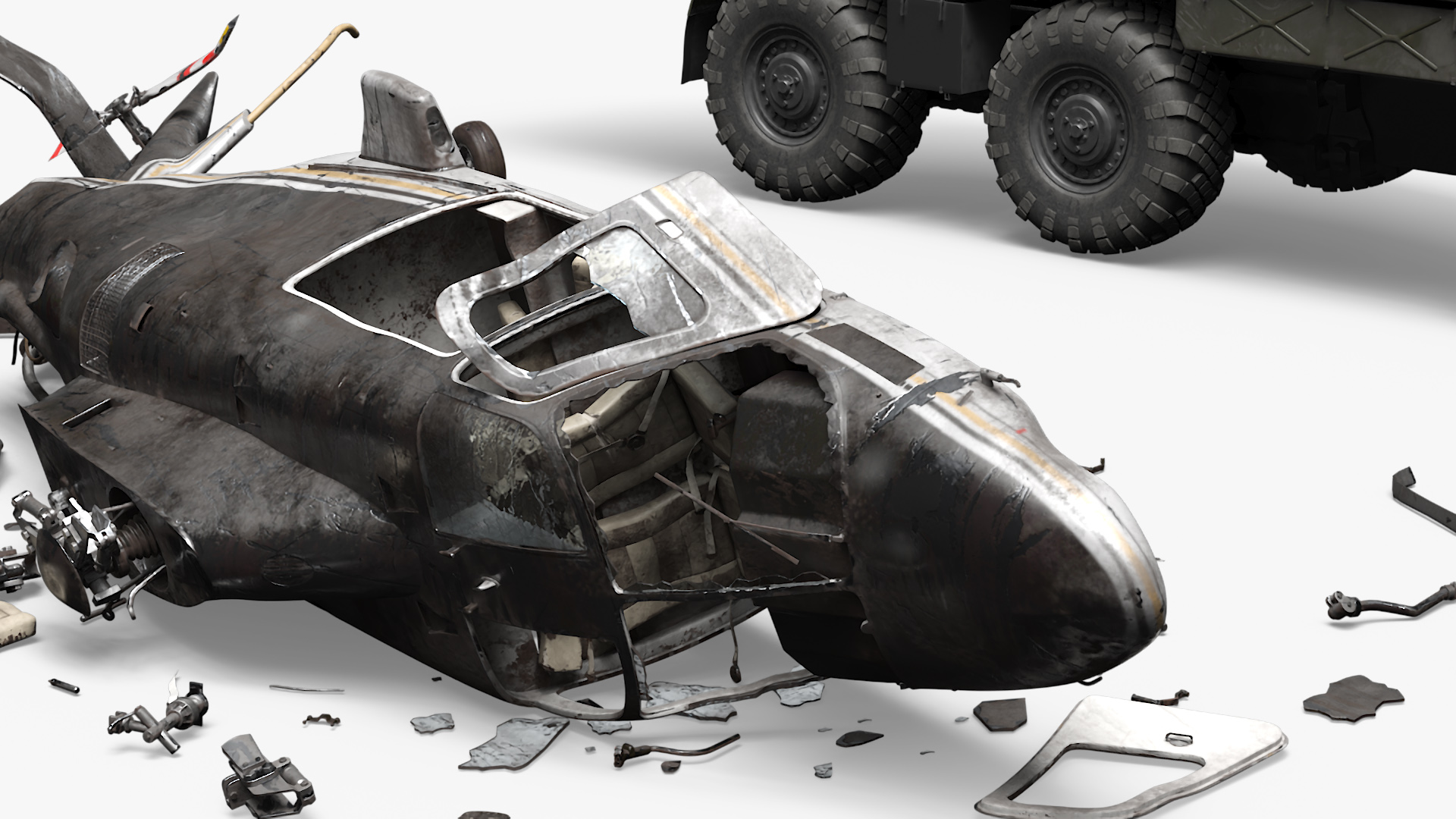 Military Tow Truck Load Crashed Helicopter Debris 3D model
