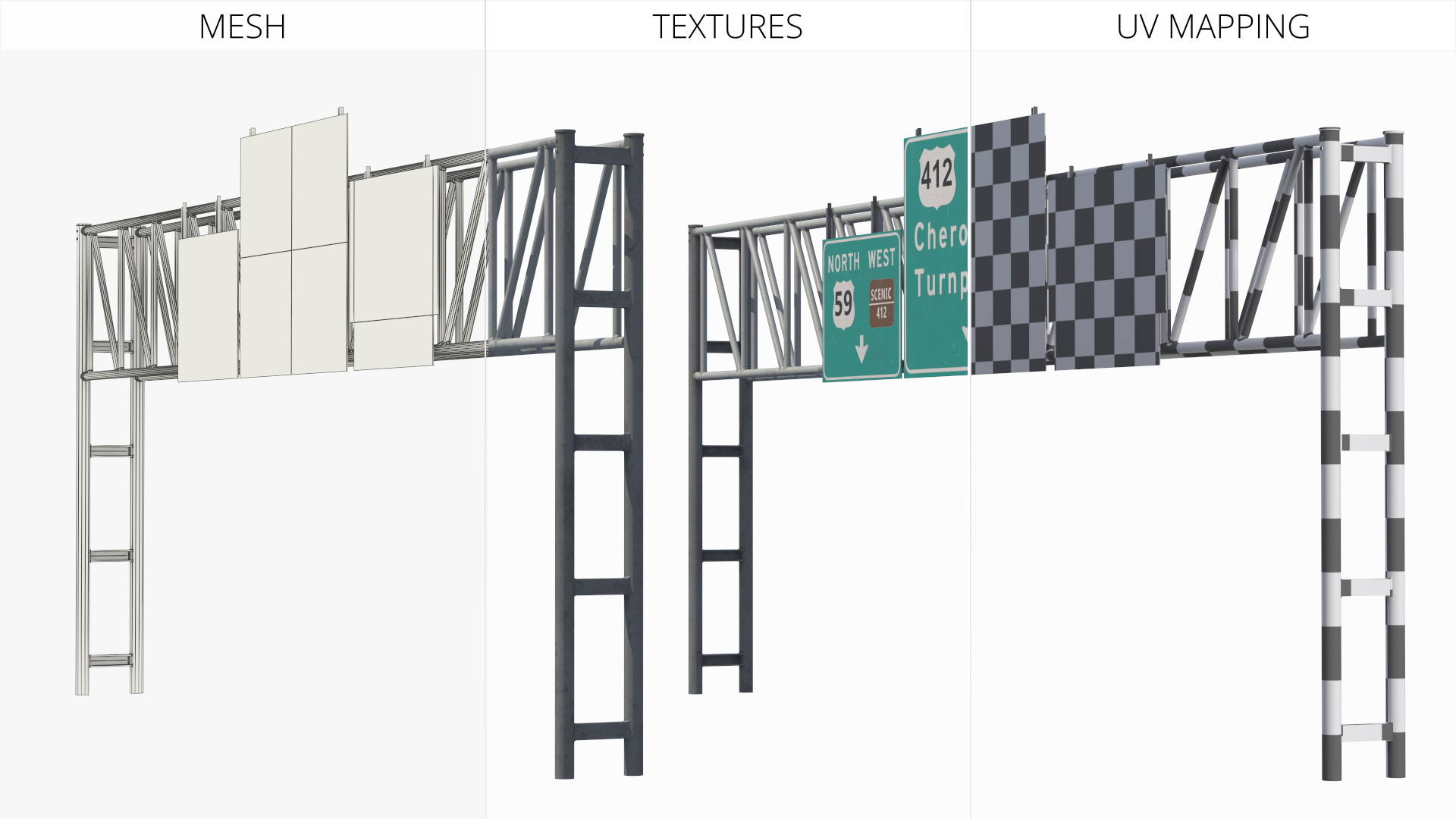 Highway Gantry with Direction Signs Game Ready, view 7