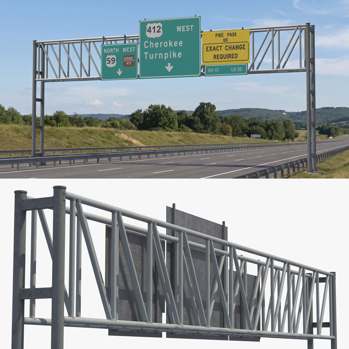 Highway Gantry with Direction Signs Game Ready 3D model preview