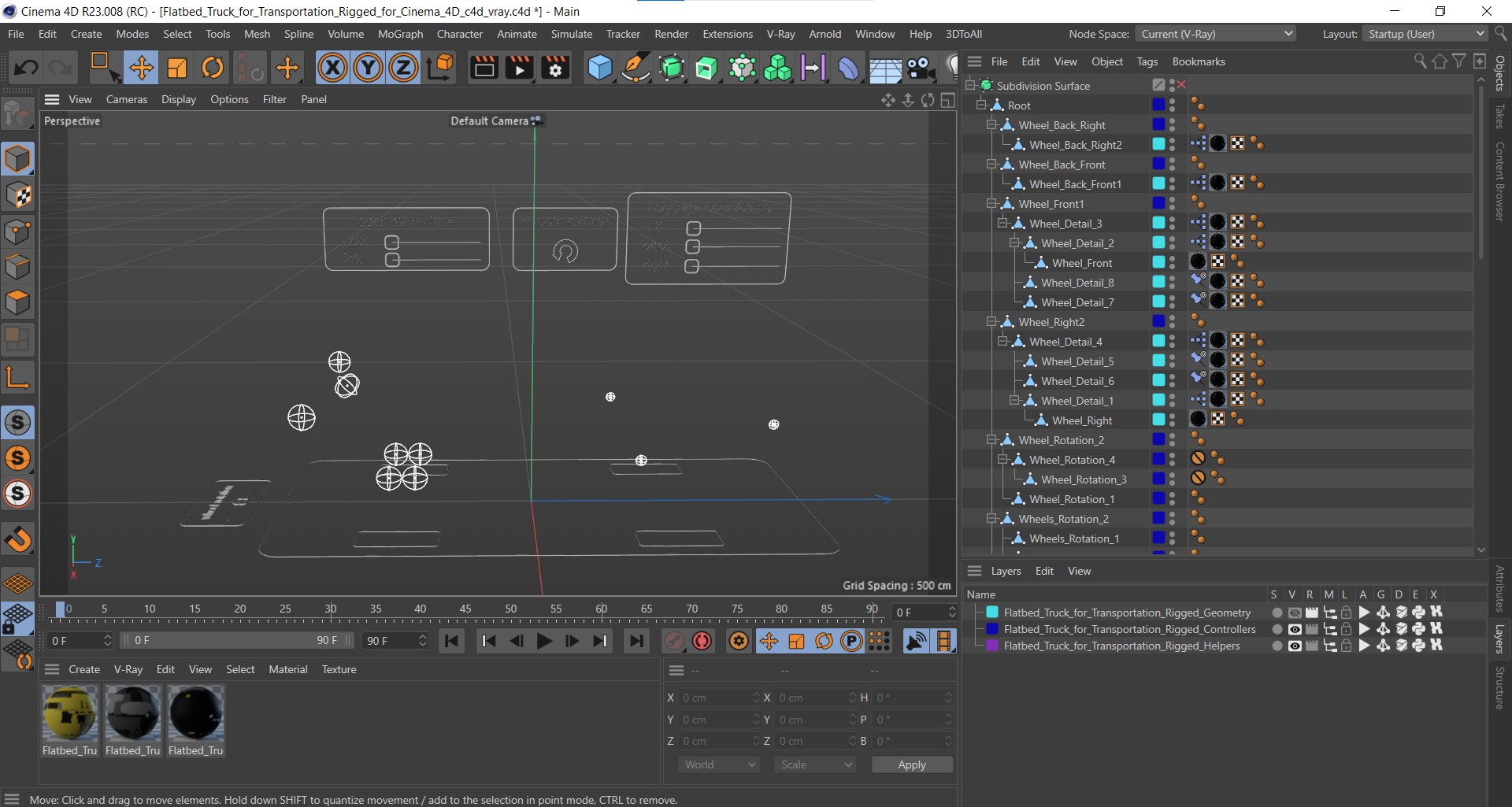 3D Flatbed Truck for Transportation Rigged for Cinema 4D model