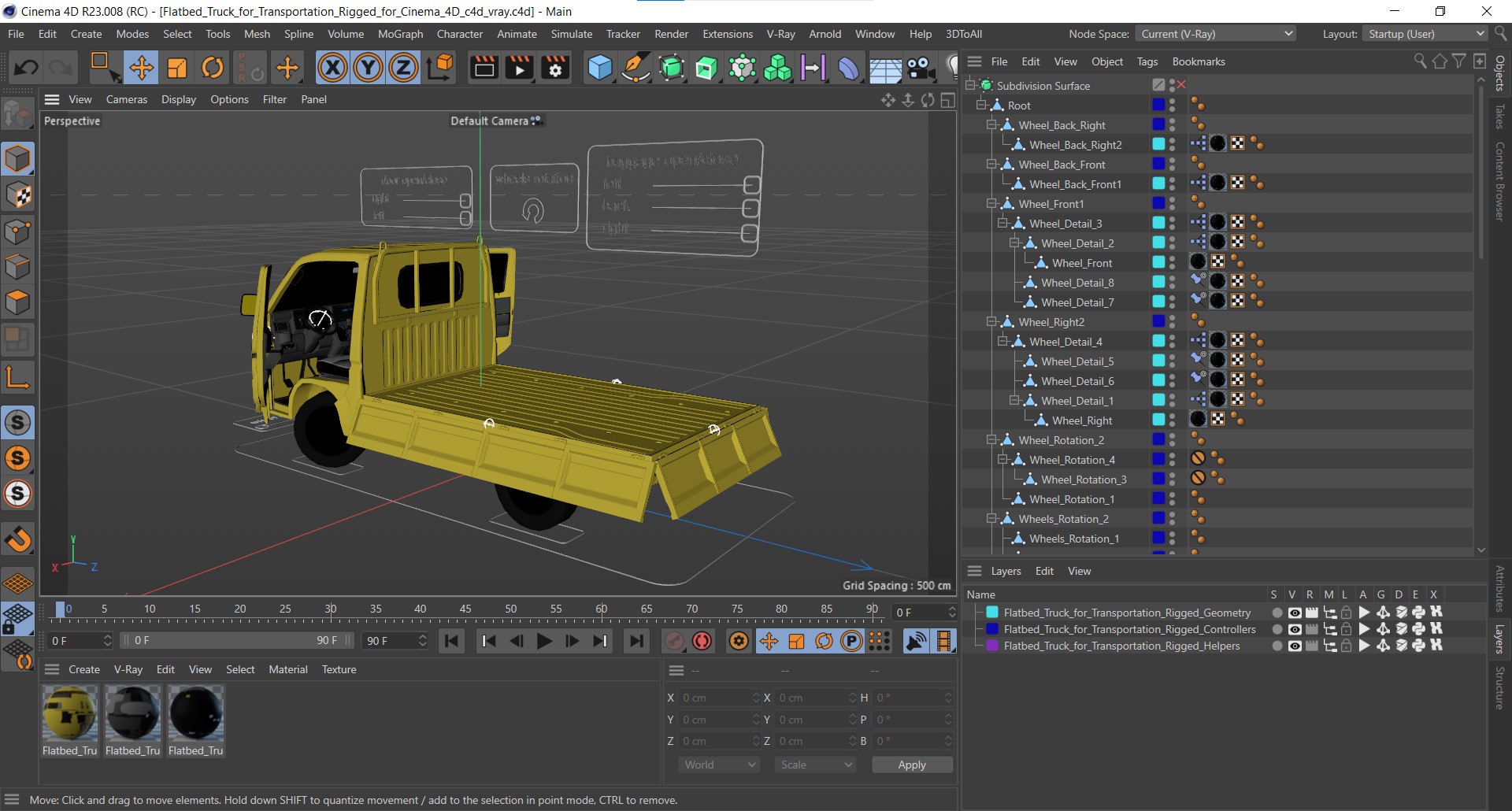 3D Flatbed Truck for Transportation Rigged for Cinema 4D model