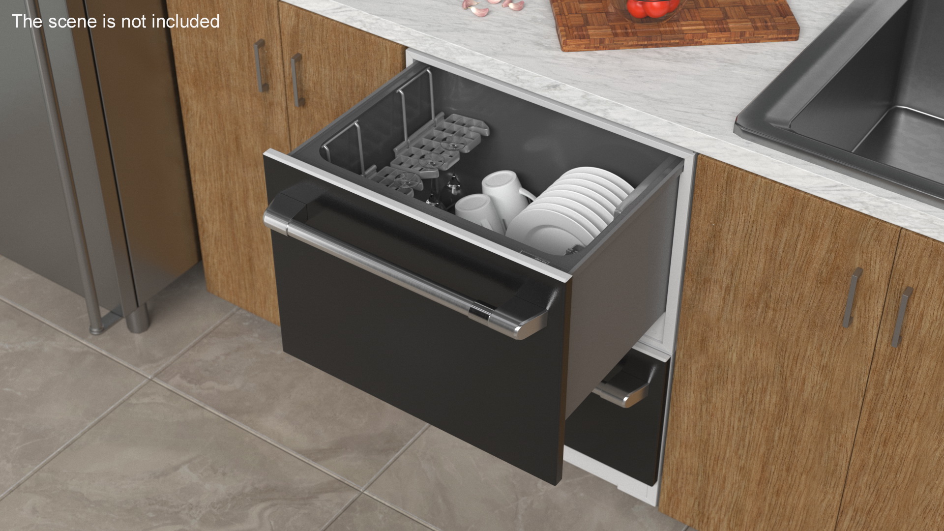 3D Double Drawer Dishwasher with Dishes