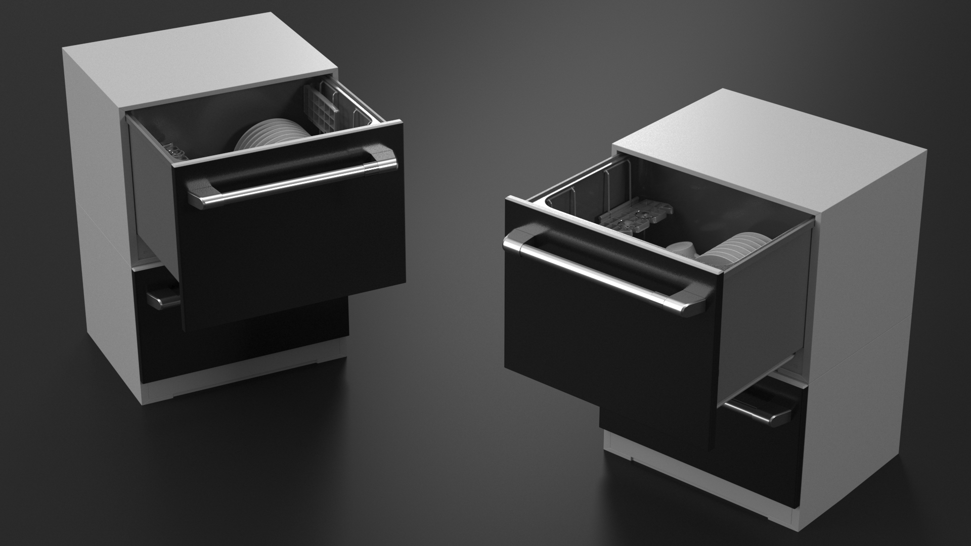 3D Double Drawer Dishwasher with Dishes