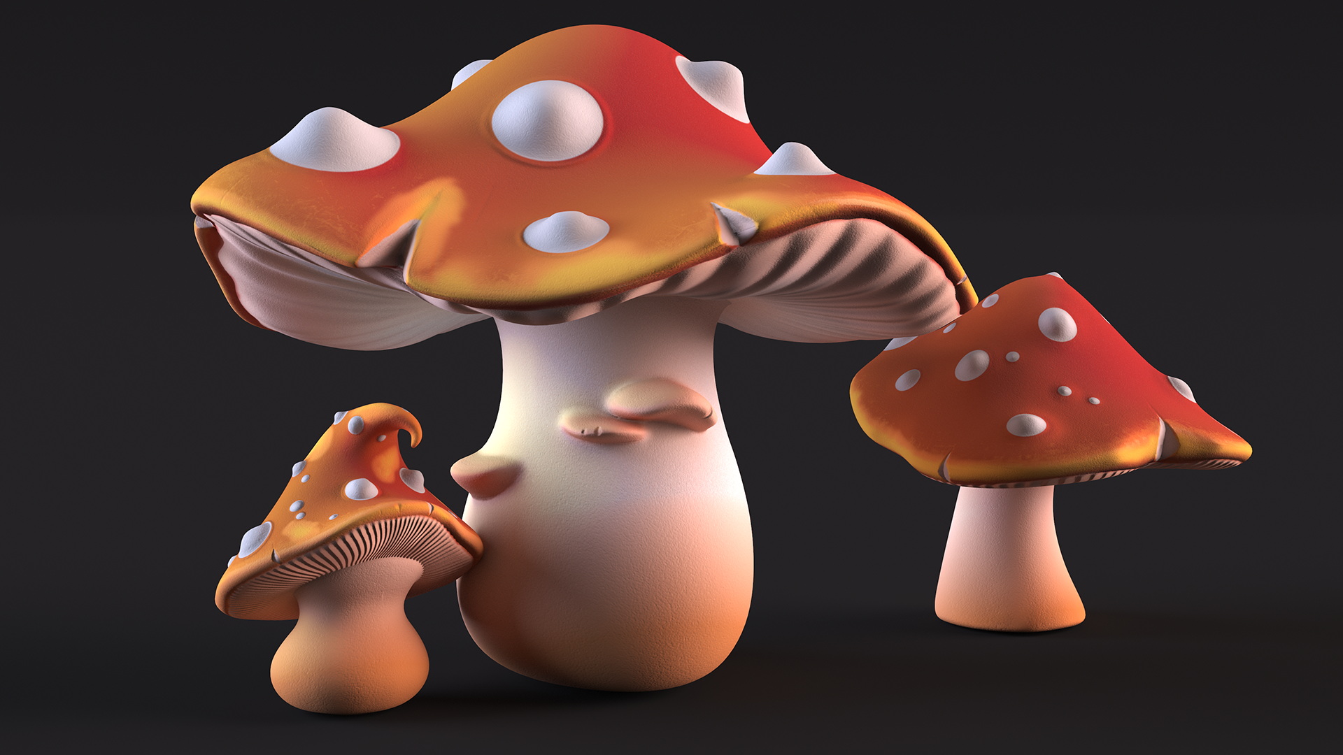 Amanita Cartoon Mushrooms 3 Pieces 3D model