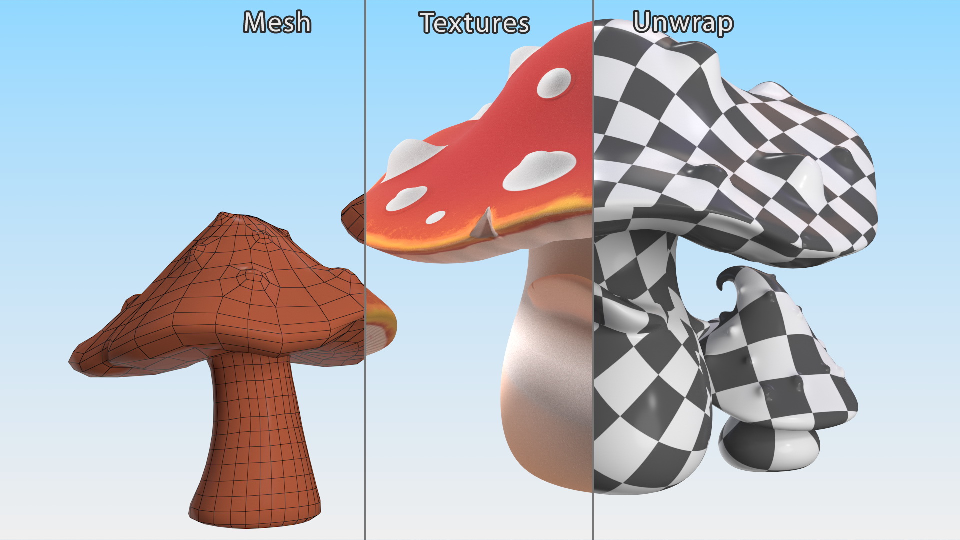 Amanita Cartoon Mushrooms 3 Pieces 3D model