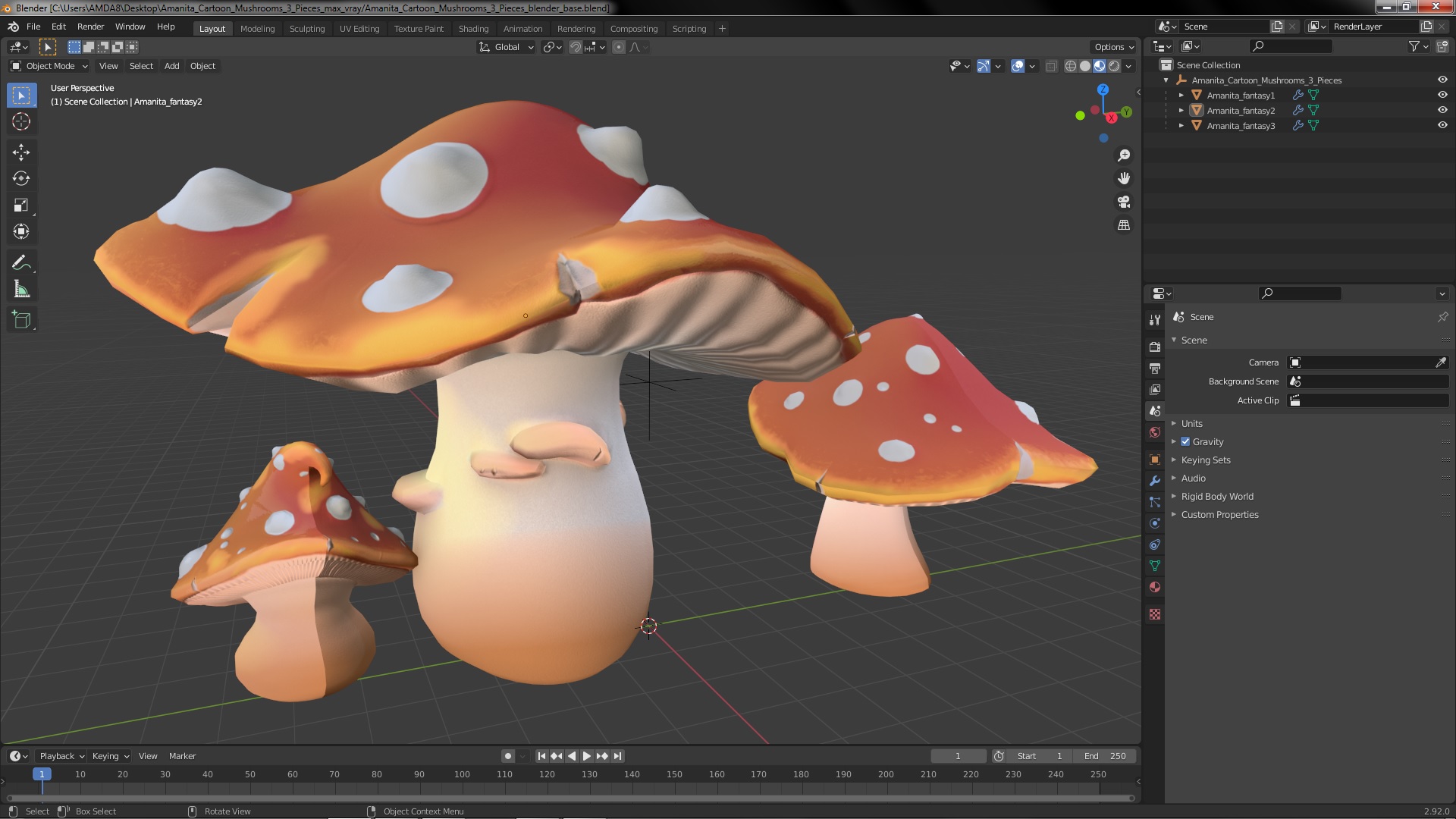 Amanita Cartoon Mushrooms 3 Pieces 3D model