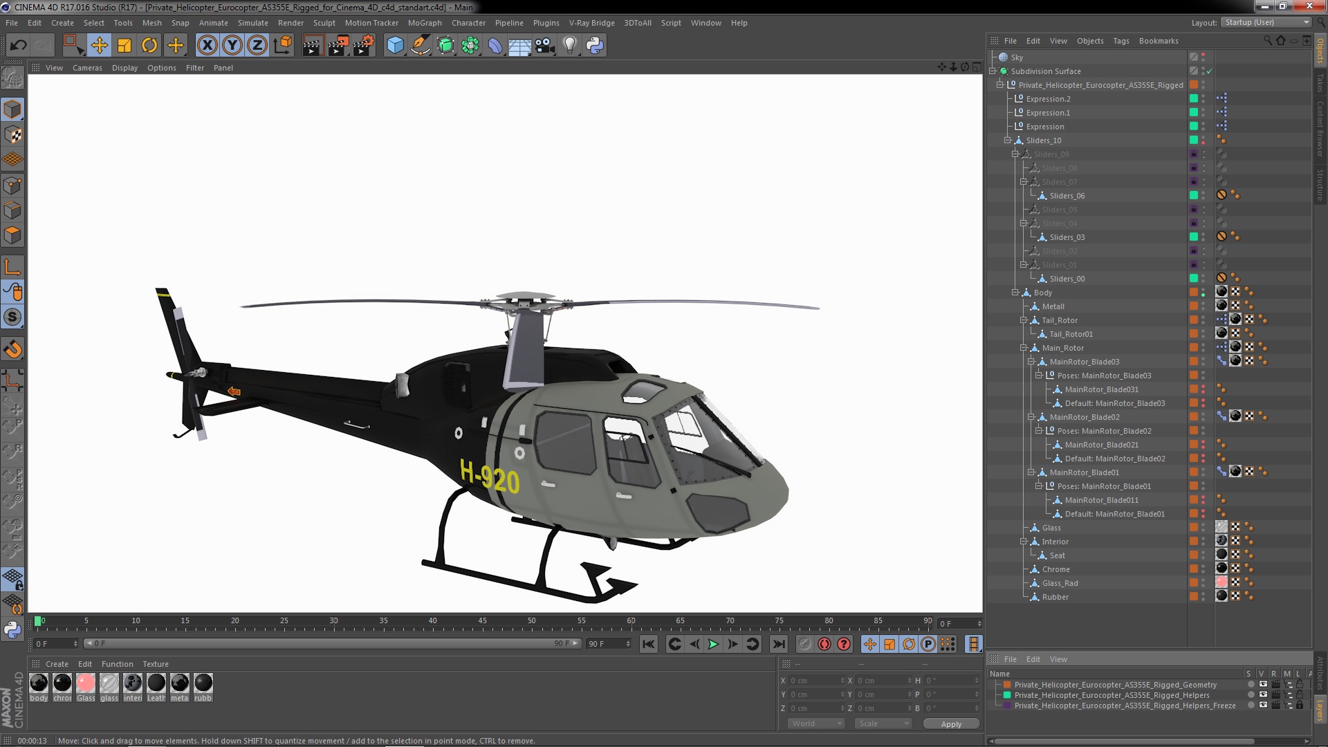 Private Helicopter Eurocopter AS355E Rigged for Cinema 4D 3D