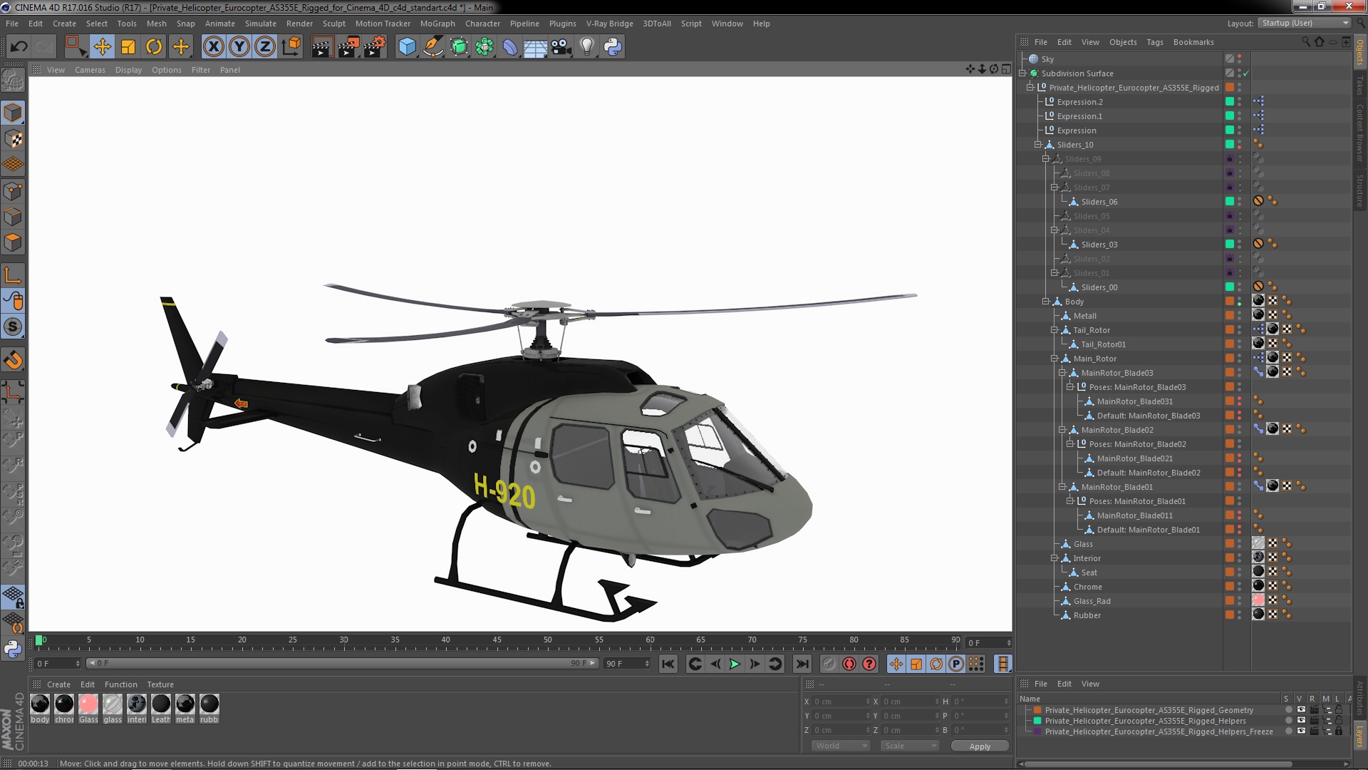 Private Helicopter Eurocopter AS355E Rigged for Cinema 4D 3D