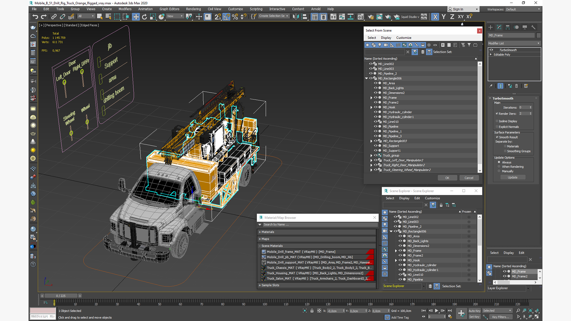 3D Mobile B-51 Drill Rig Truck Orange Rigged
