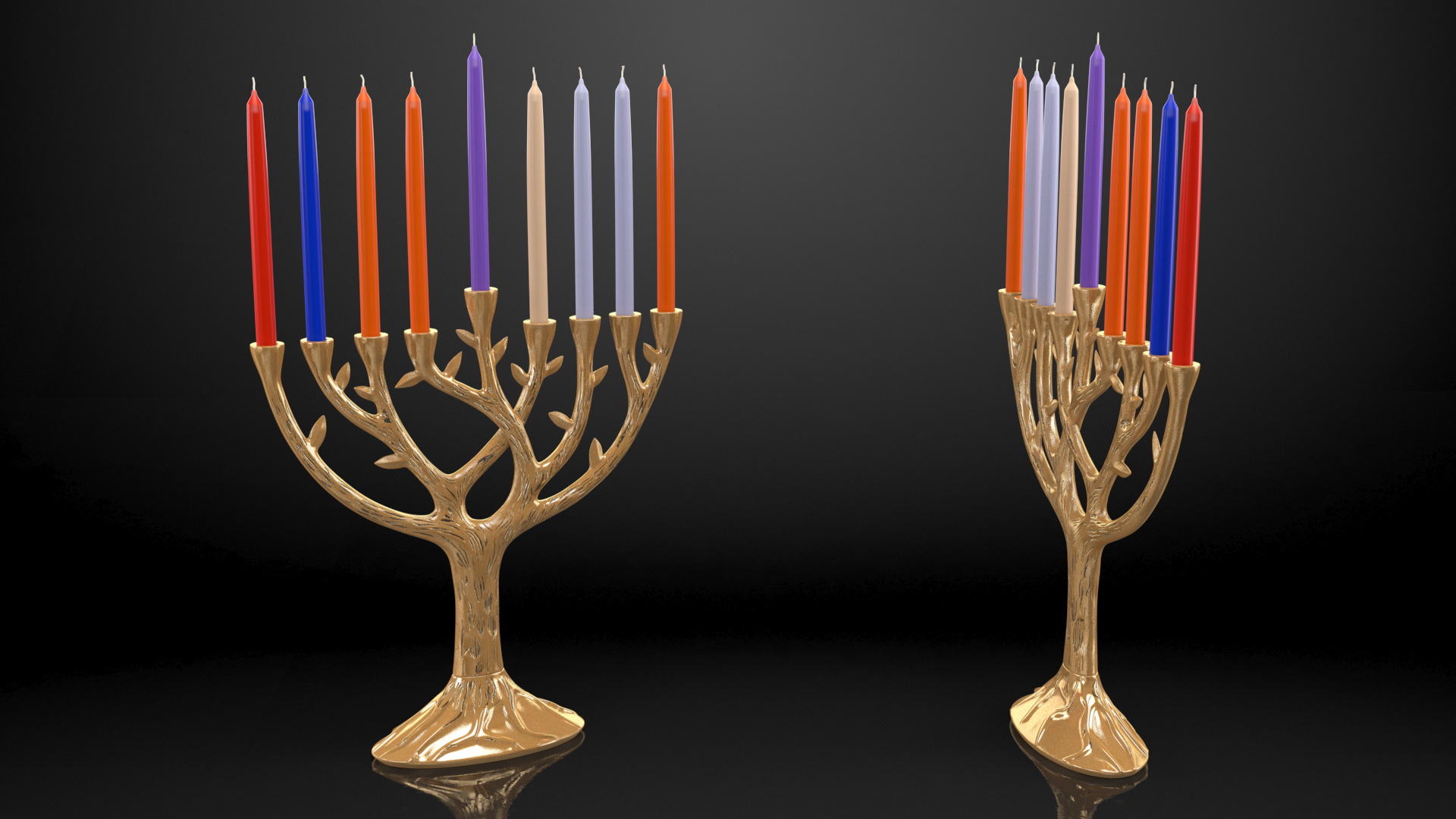 3D Hanukkah Menorah Gold Candelabrum with Candles