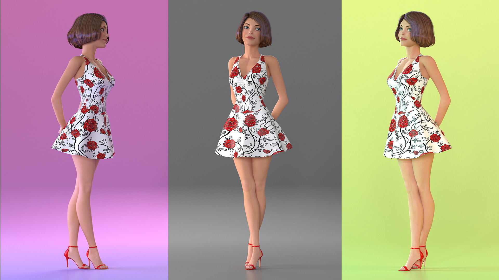 3D model Cartoon Young Girl Summer Dress Standing Pose