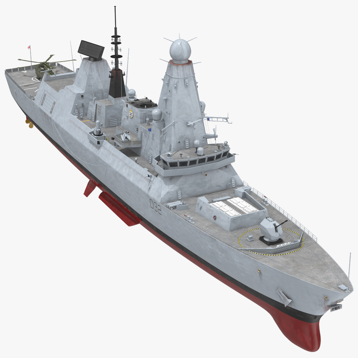 3D Royal Navy Type 45 Destroyer with AW101 Helicopter Rigged for Maya