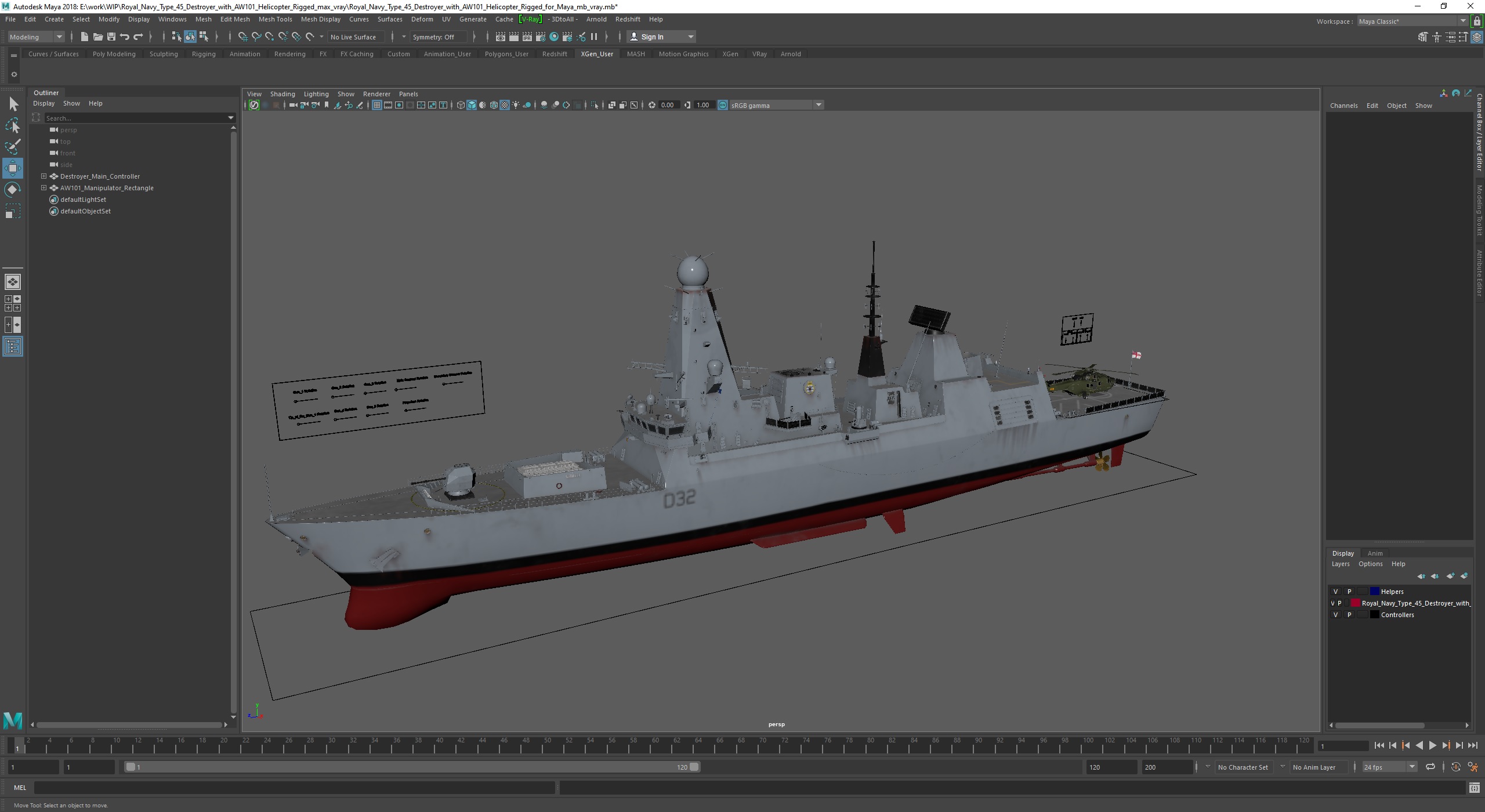 3D Royal Navy Type 45 Destroyer with AW101 Helicopter Rigged for Maya