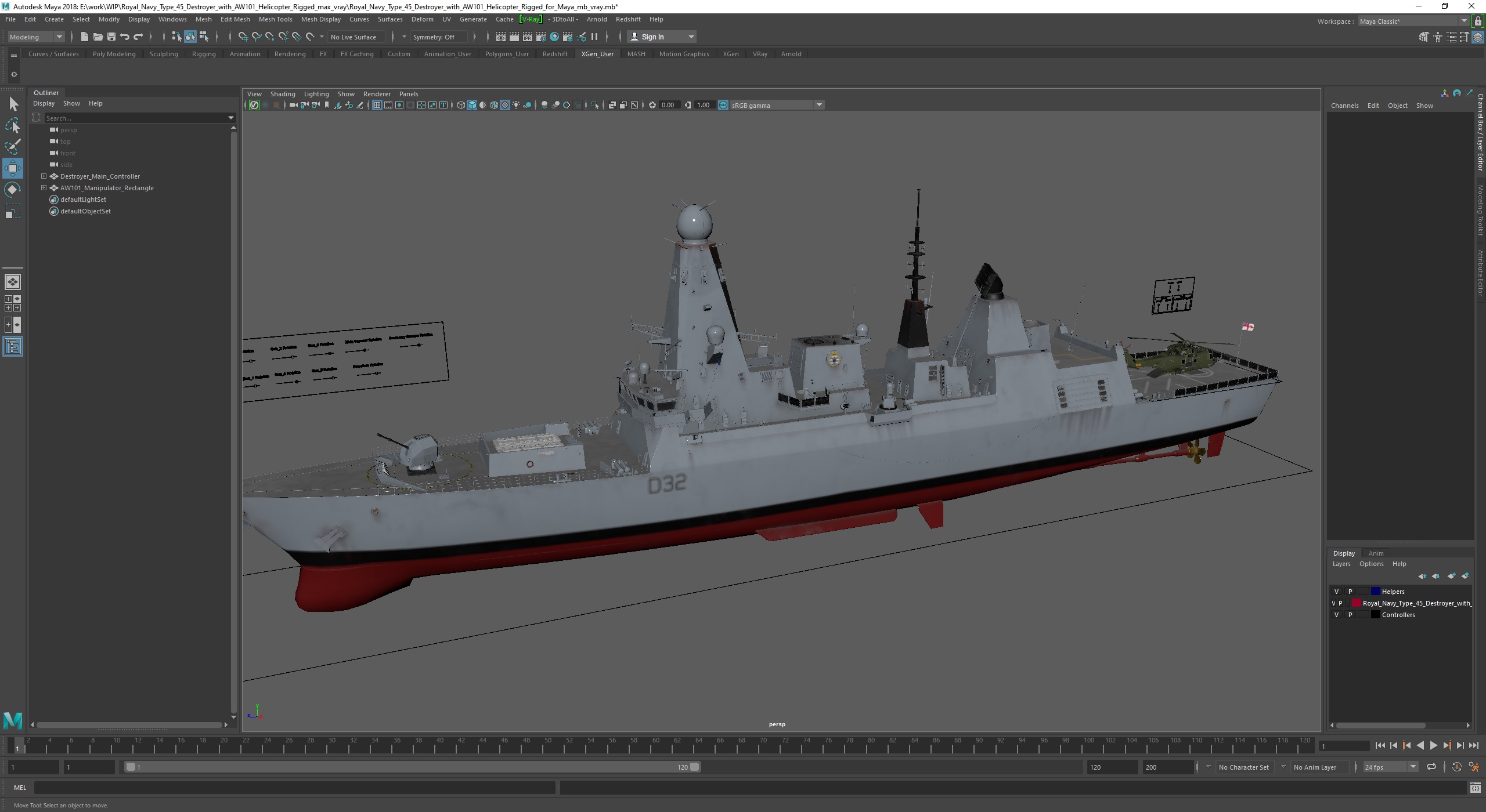 3D Royal Navy Type 45 Destroyer with AW101 Helicopter Rigged for Maya