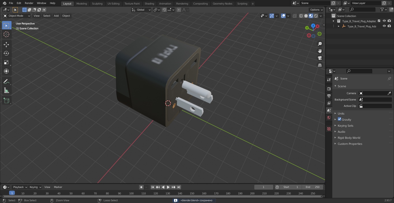 Type B Travel Plug Adapter Black 3D