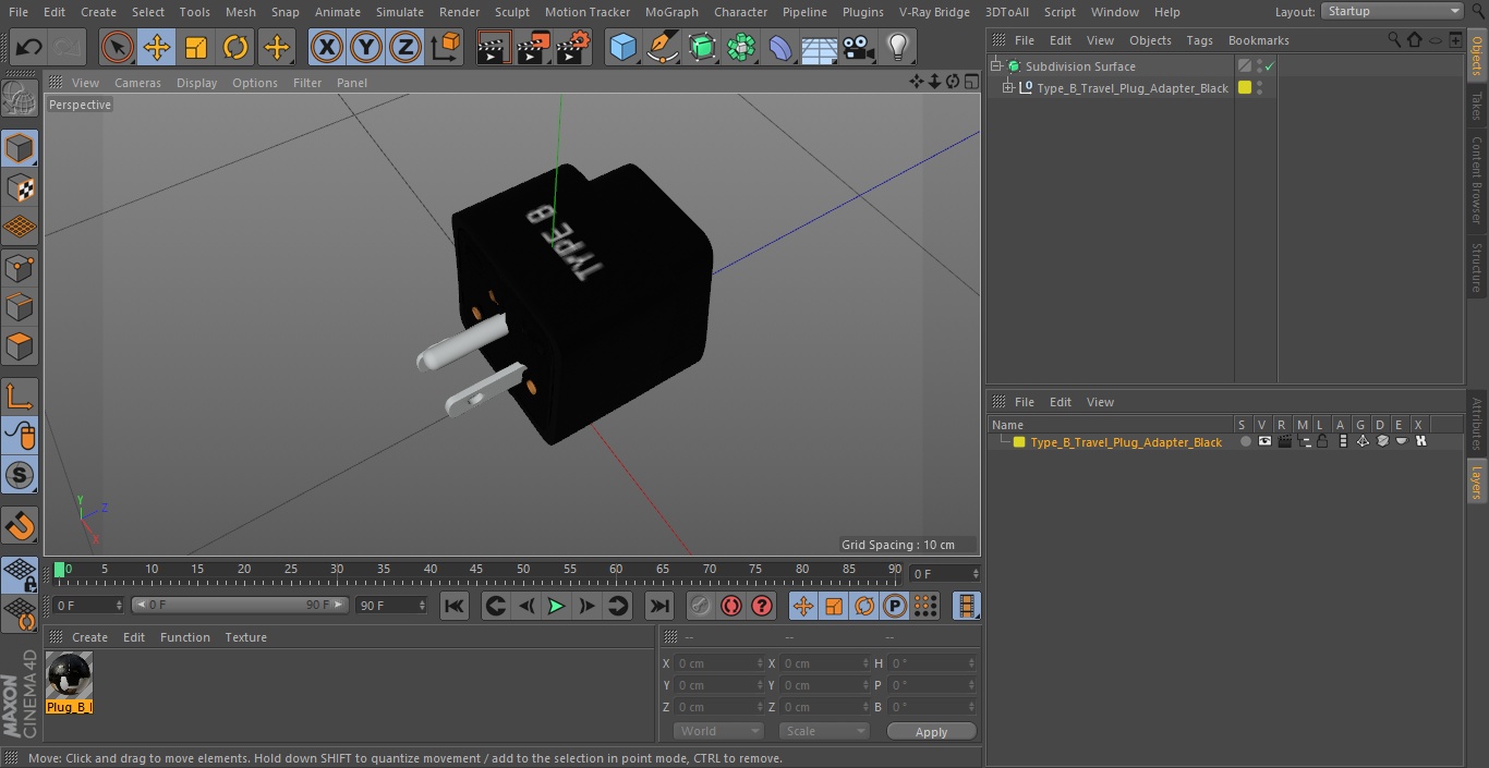 Type B Travel Plug Adapter Black 3D