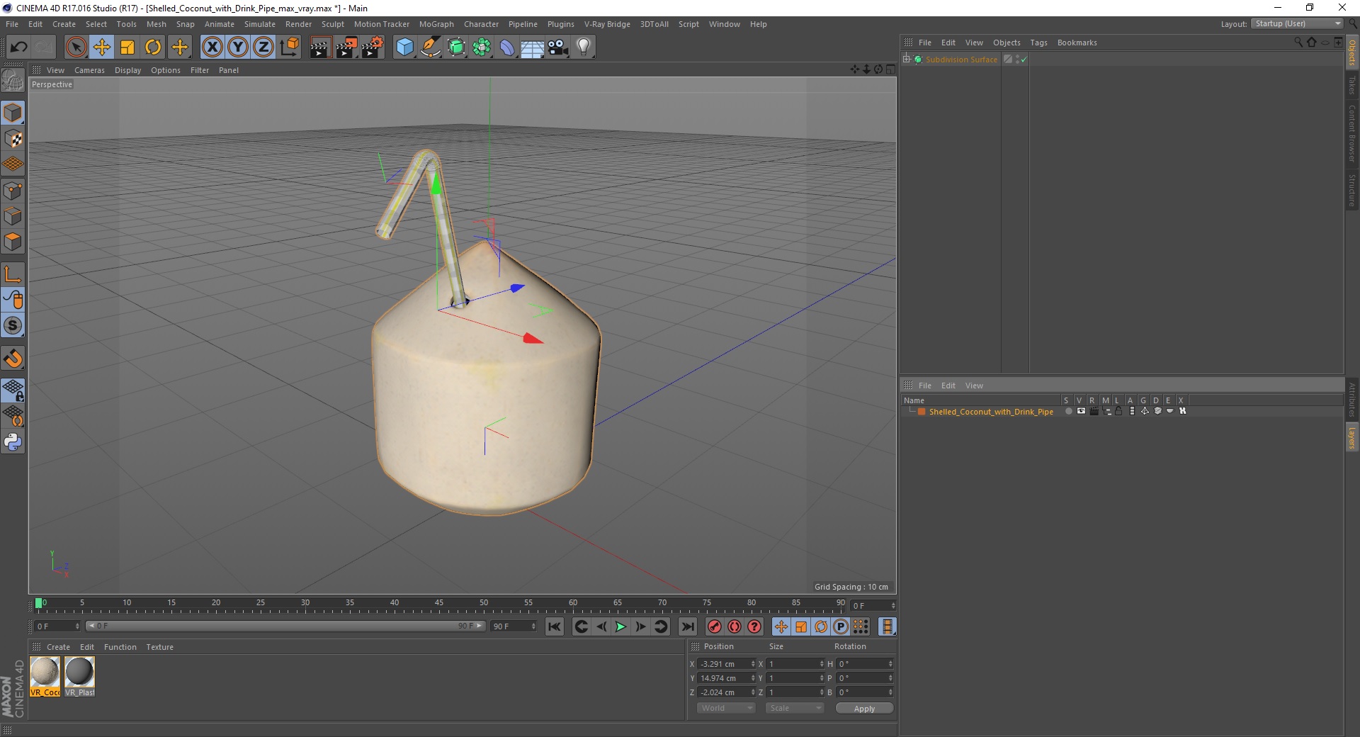 3D Shelled Coconut with Drink Pipe