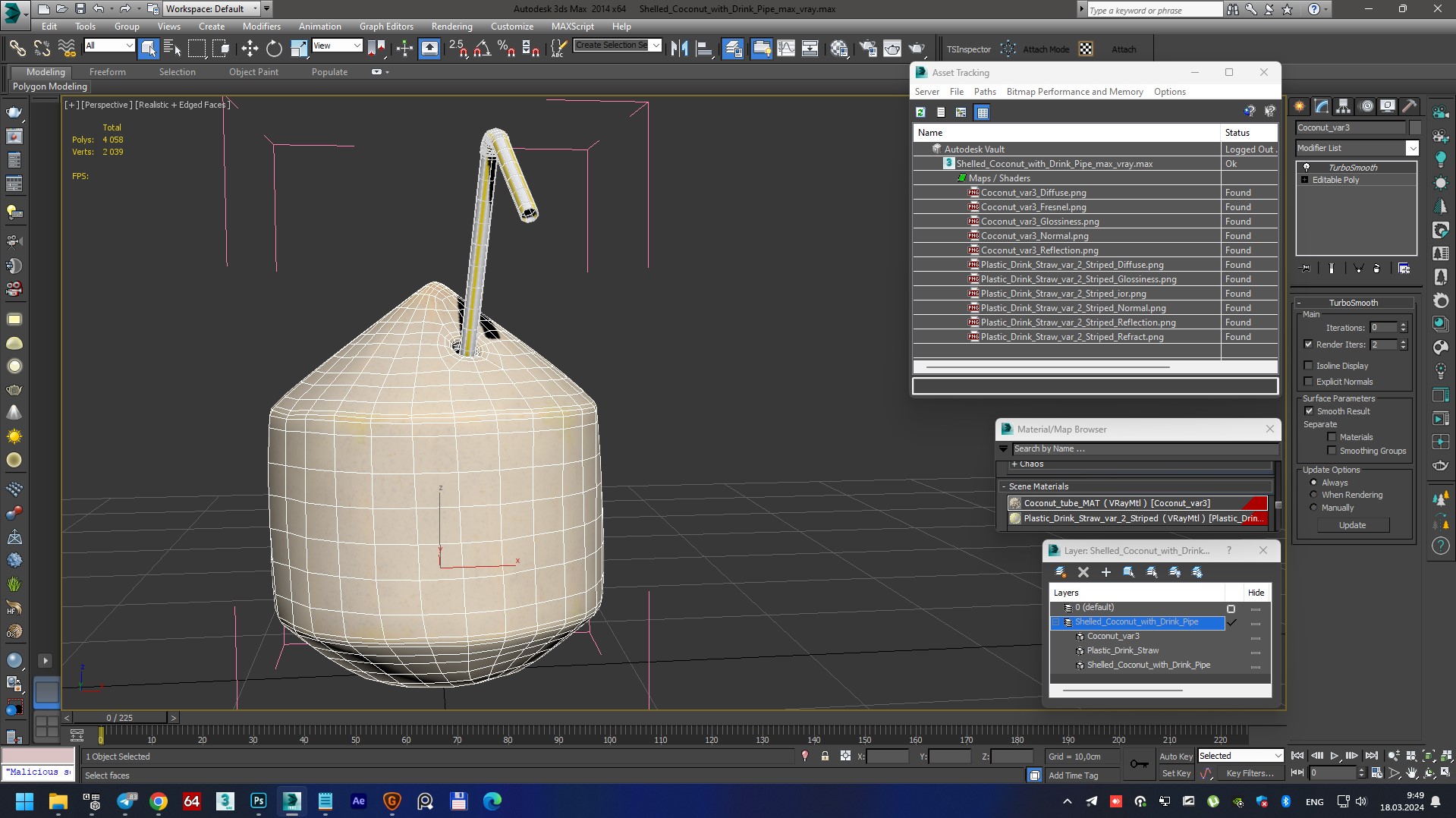3D Shelled Coconut with Drink Pipe