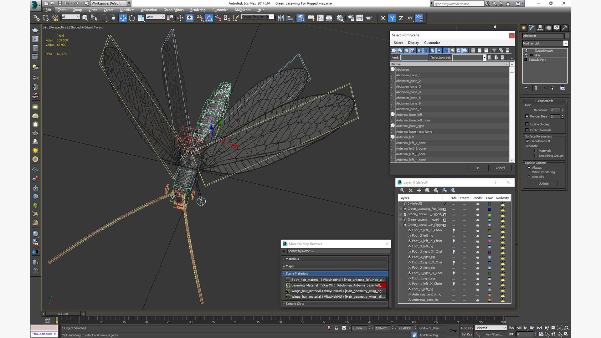 3D model Green Lacewing Fur Rigged