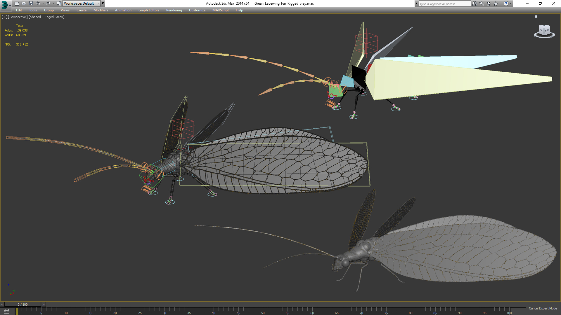 3D model Green Lacewing Fur Rigged