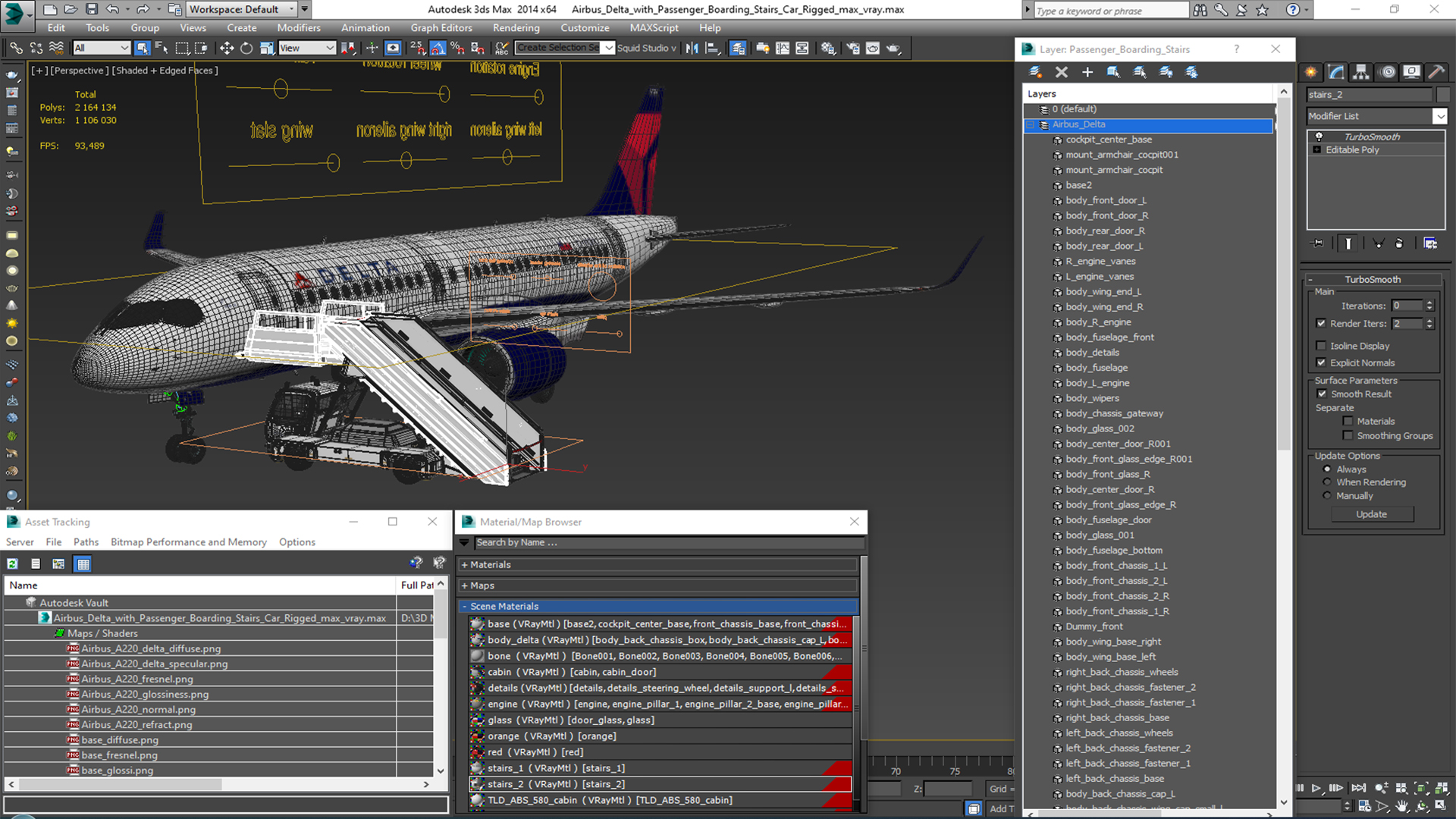 3D Airbus Delta with Passenger Boarding Stairs Car Rigged for Cinema 4D model