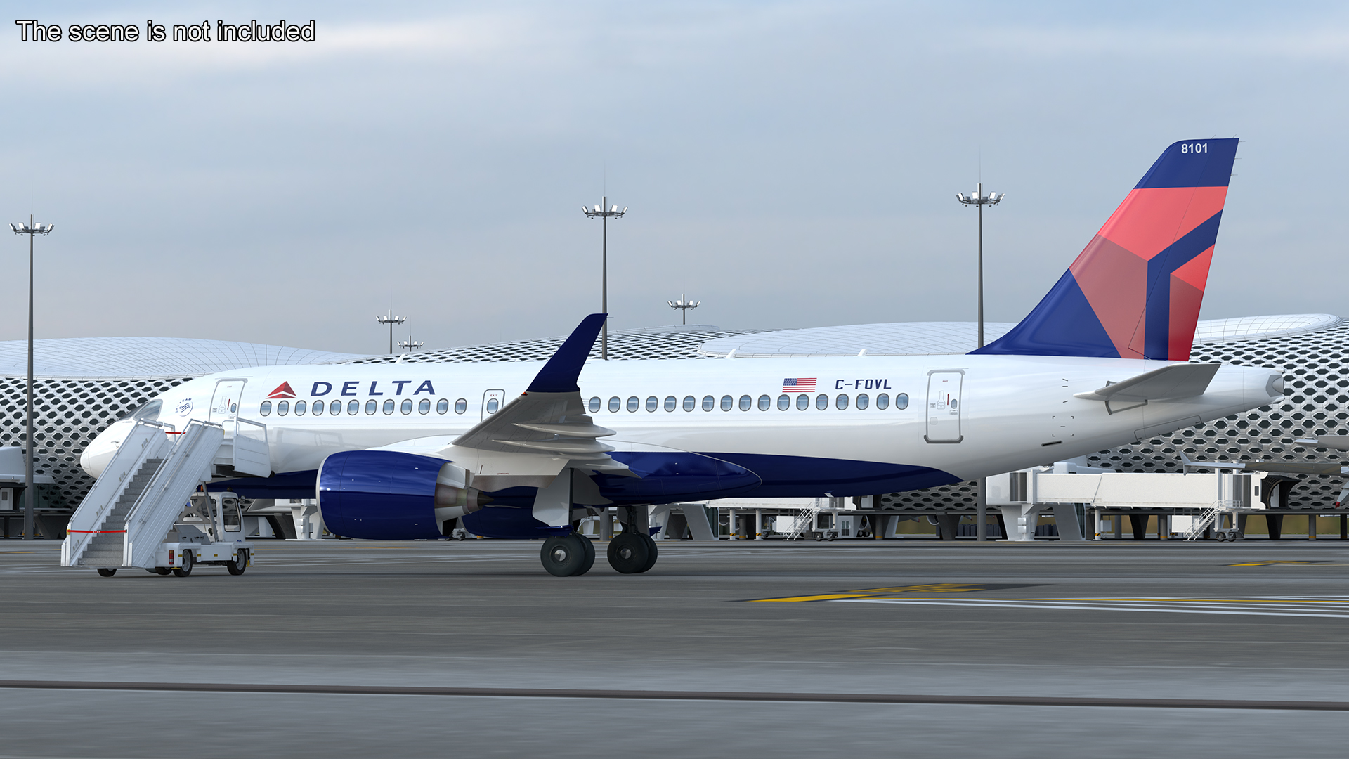 3D Airbus Delta with Passenger Boarding Stairs Car Rigged for Cinema 4D model