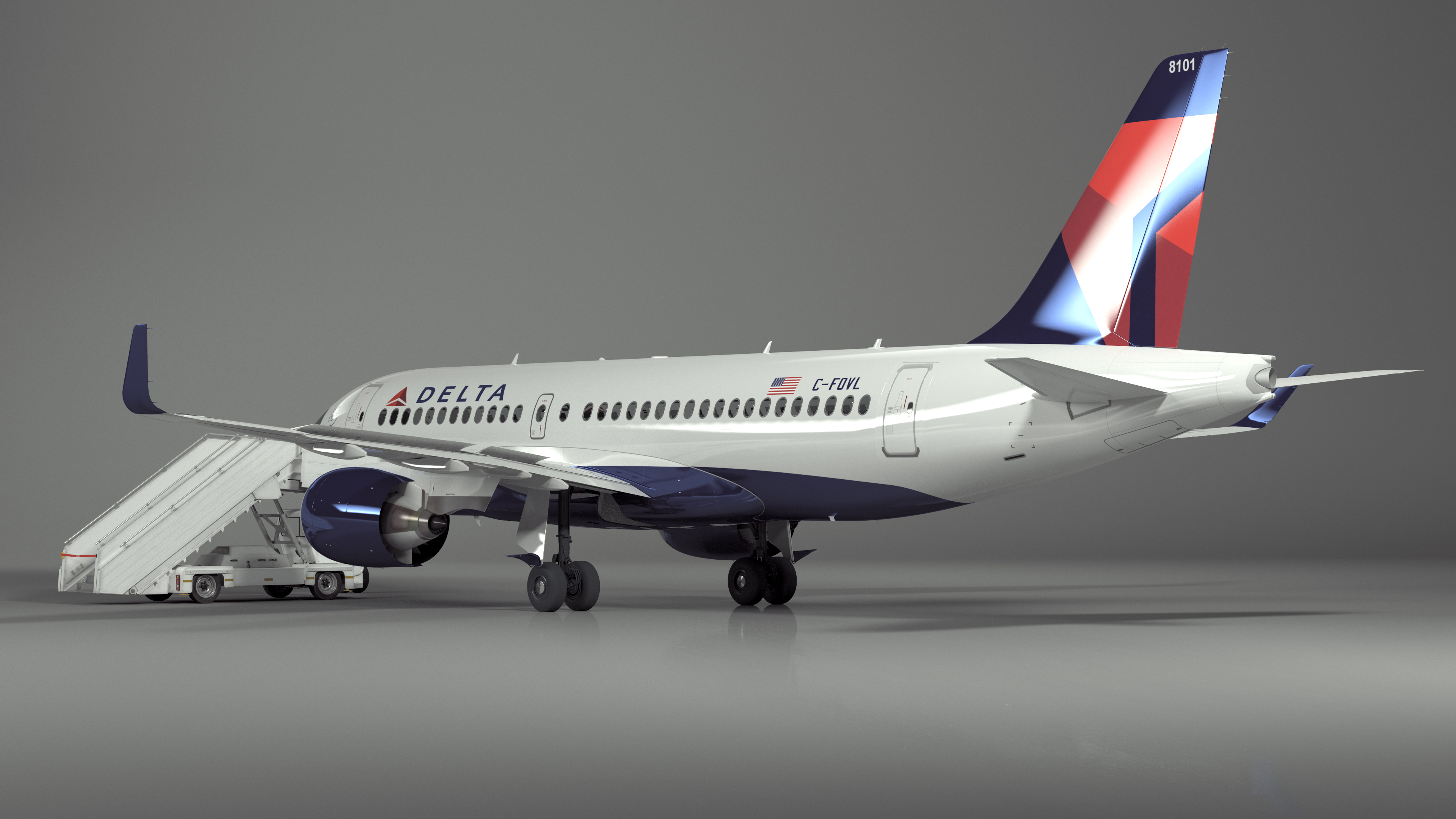 3D Airbus Delta with Passenger Boarding Stairs Car Rigged for Cinema 4D model
