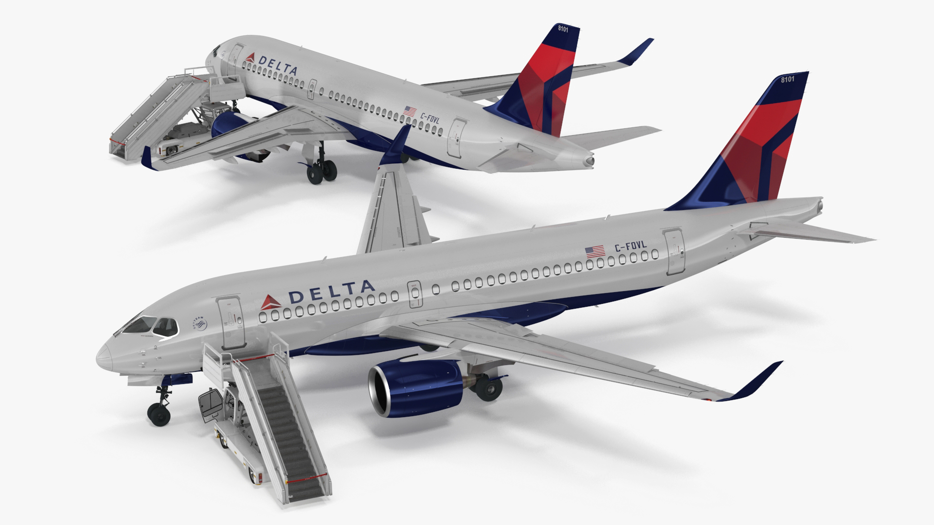 3D Airbus Delta with Passenger Boarding Stairs Car Rigged for Cinema 4D model