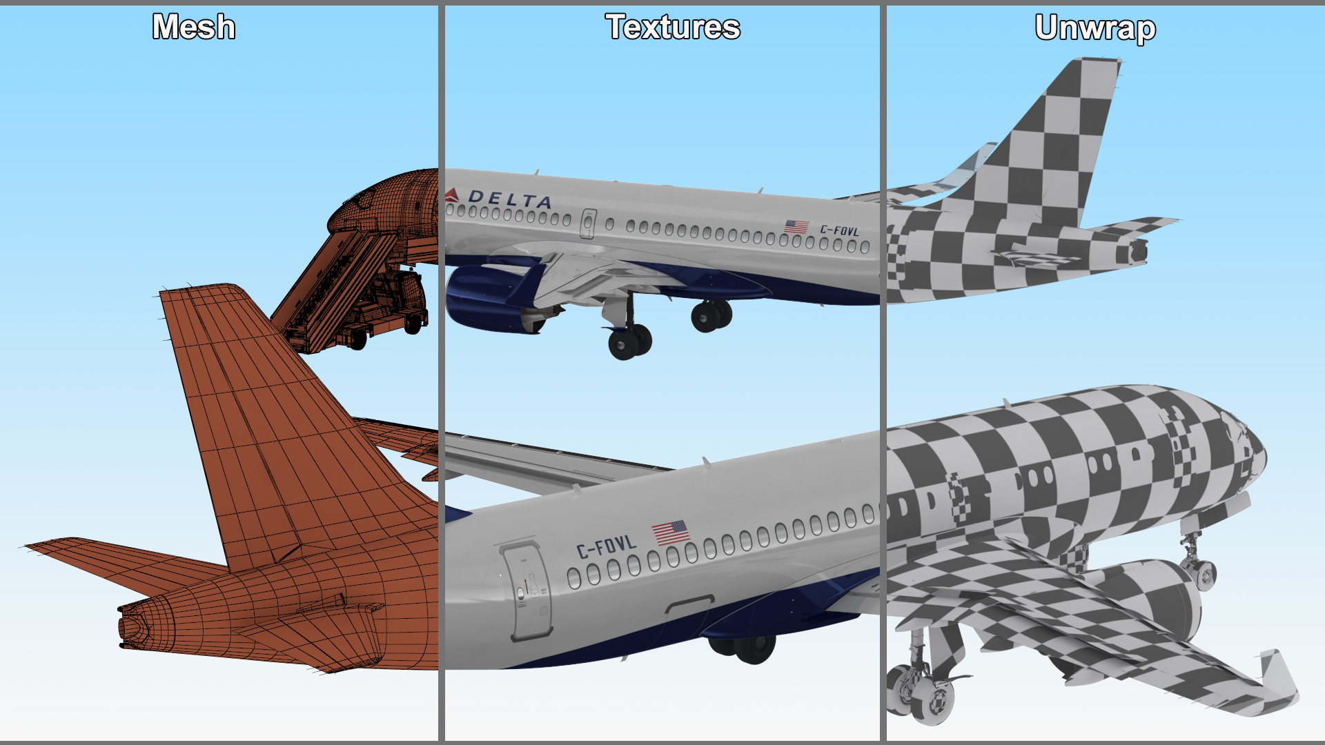 3D Airbus Delta with Passenger Boarding Stairs Car Rigged for Cinema 4D model