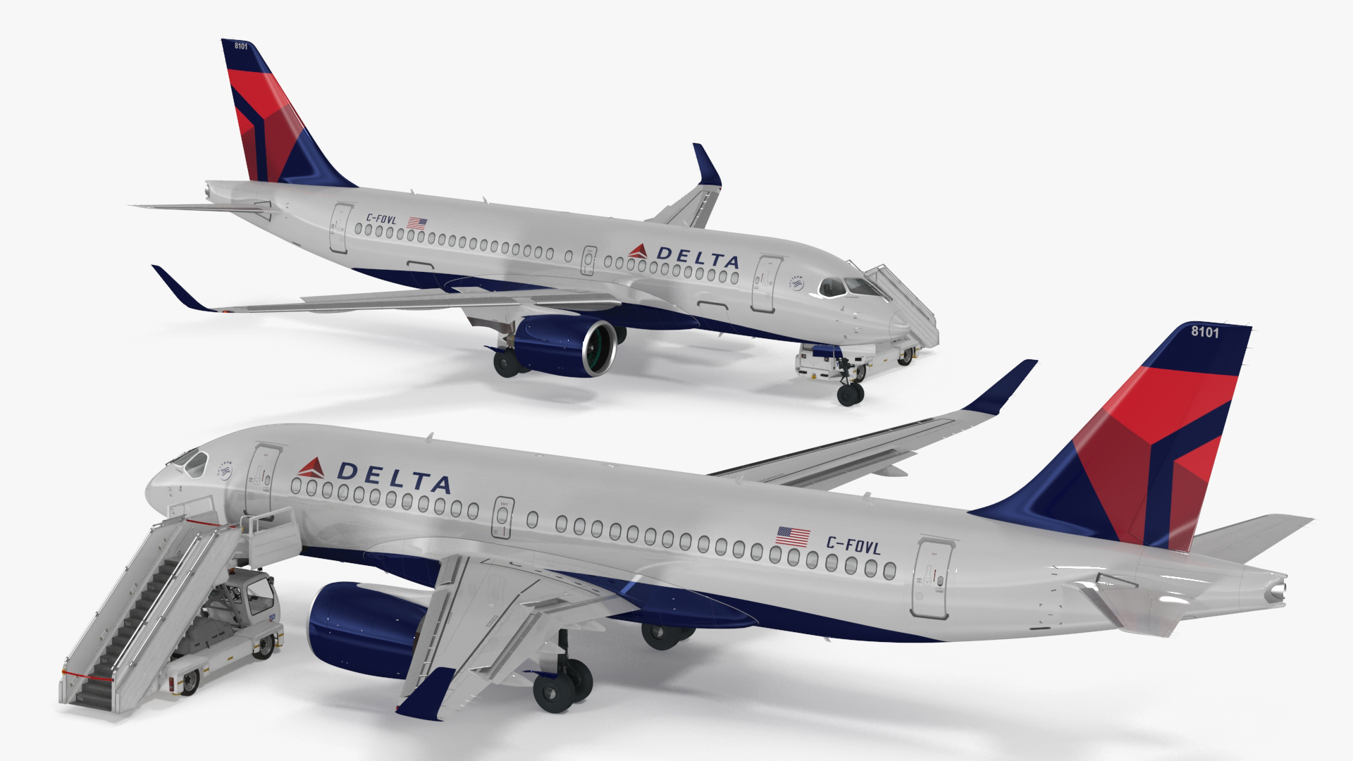 3D Airbus Delta with Passenger Boarding Stairs Car Rigged for Cinema 4D model