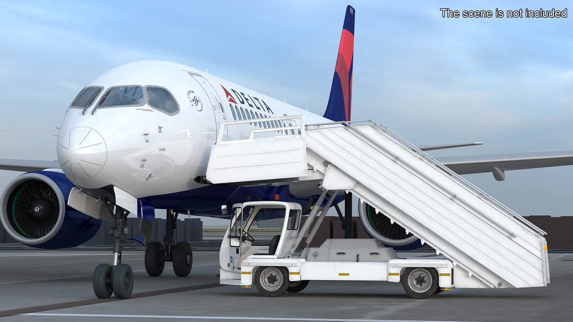 3D Airbus Delta with Passenger Boarding Stairs Car Rigged for Cinema 4D model