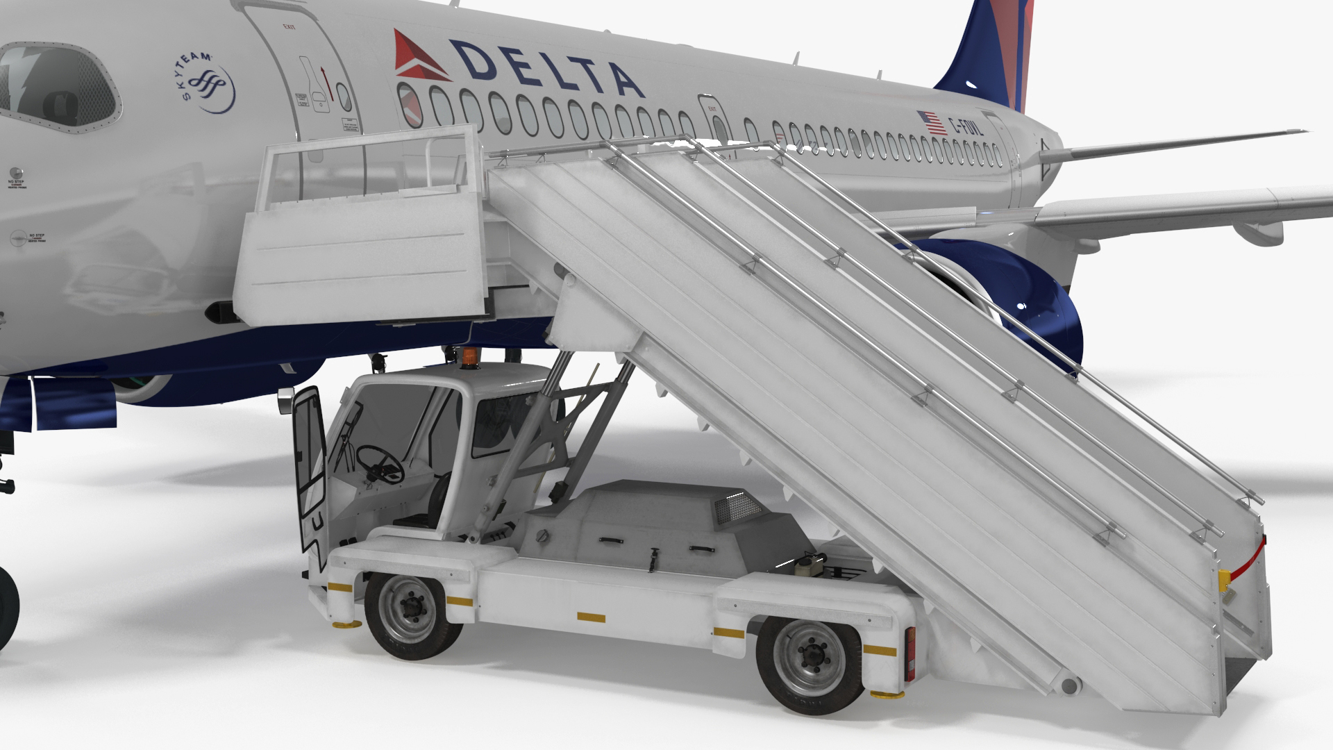 3D Airbus Delta with Passenger Boarding Stairs Car Rigged for Cinema 4D model