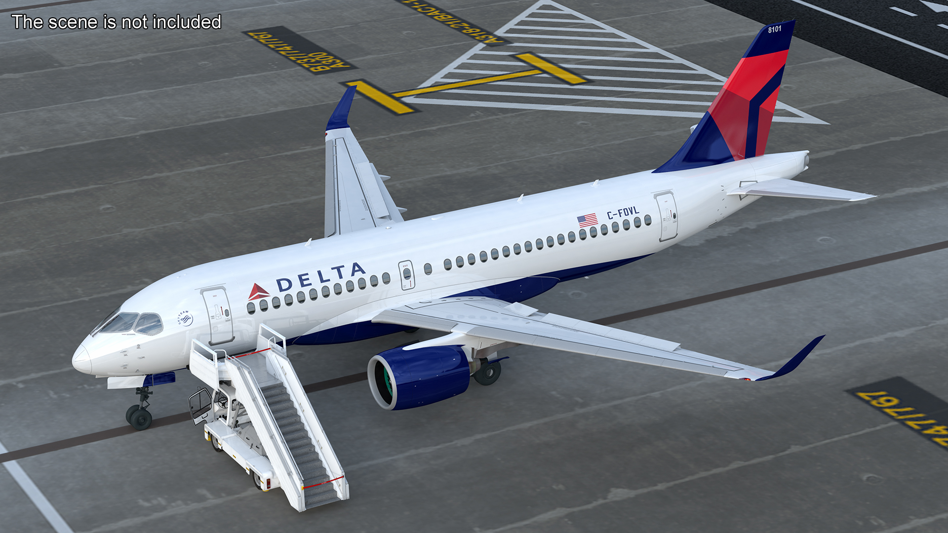 3D Airbus Delta with Passenger Boarding Stairs Car Rigged for Cinema 4D model