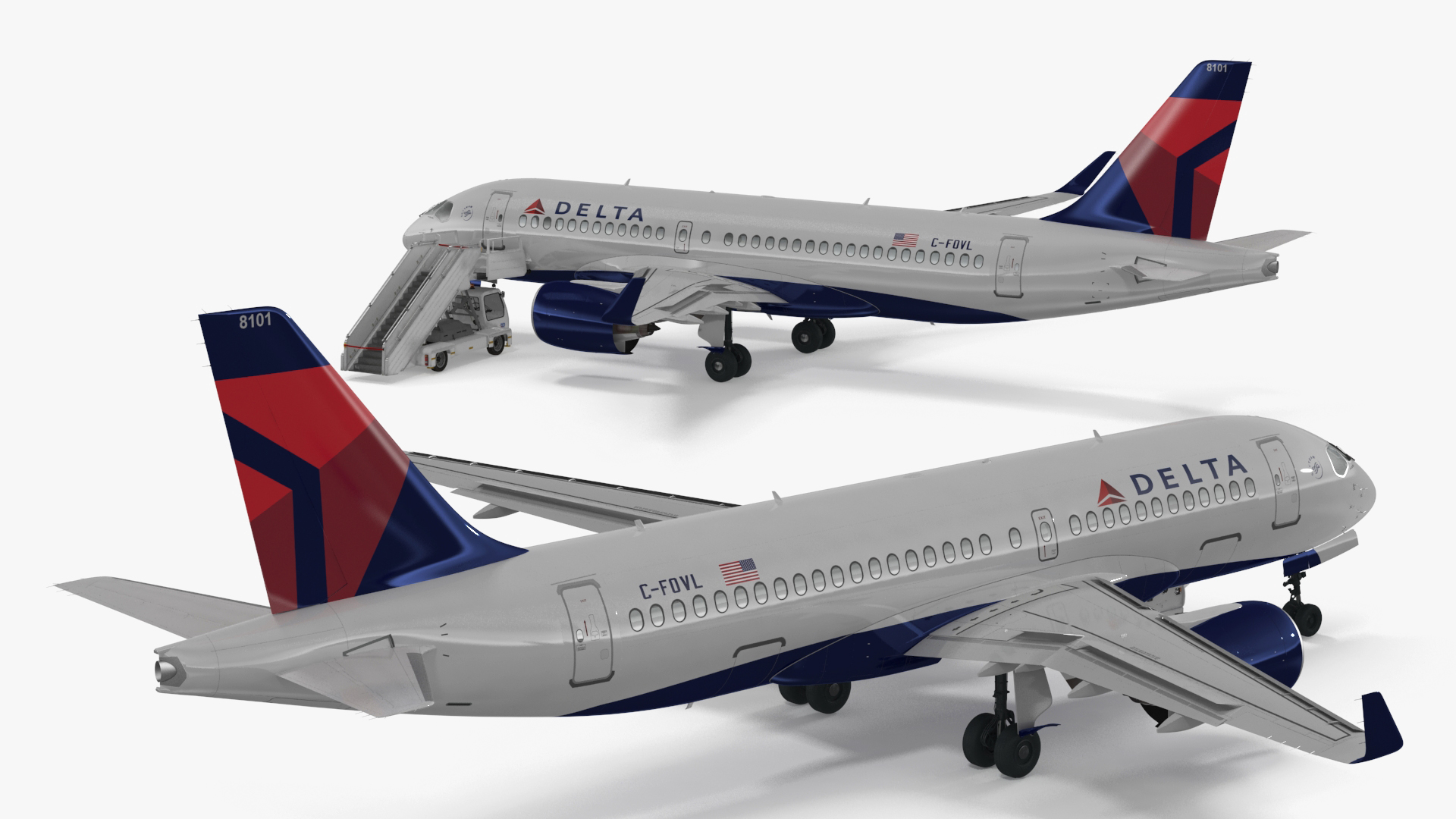 3D Airbus Delta with Passenger Boarding Stairs Car Rigged for Cinema 4D model