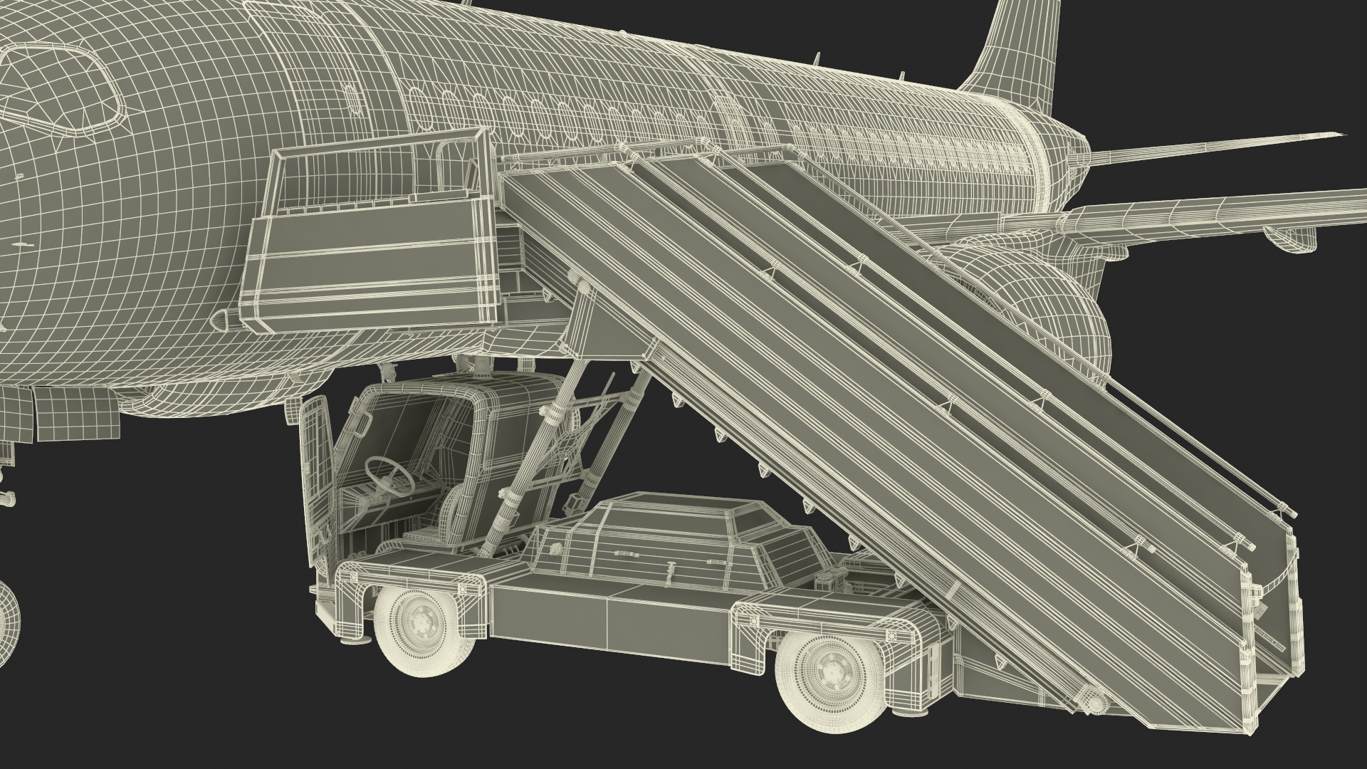 3D Airbus Delta with Passenger Boarding Stairs Car Rigged for Cinema 4D model