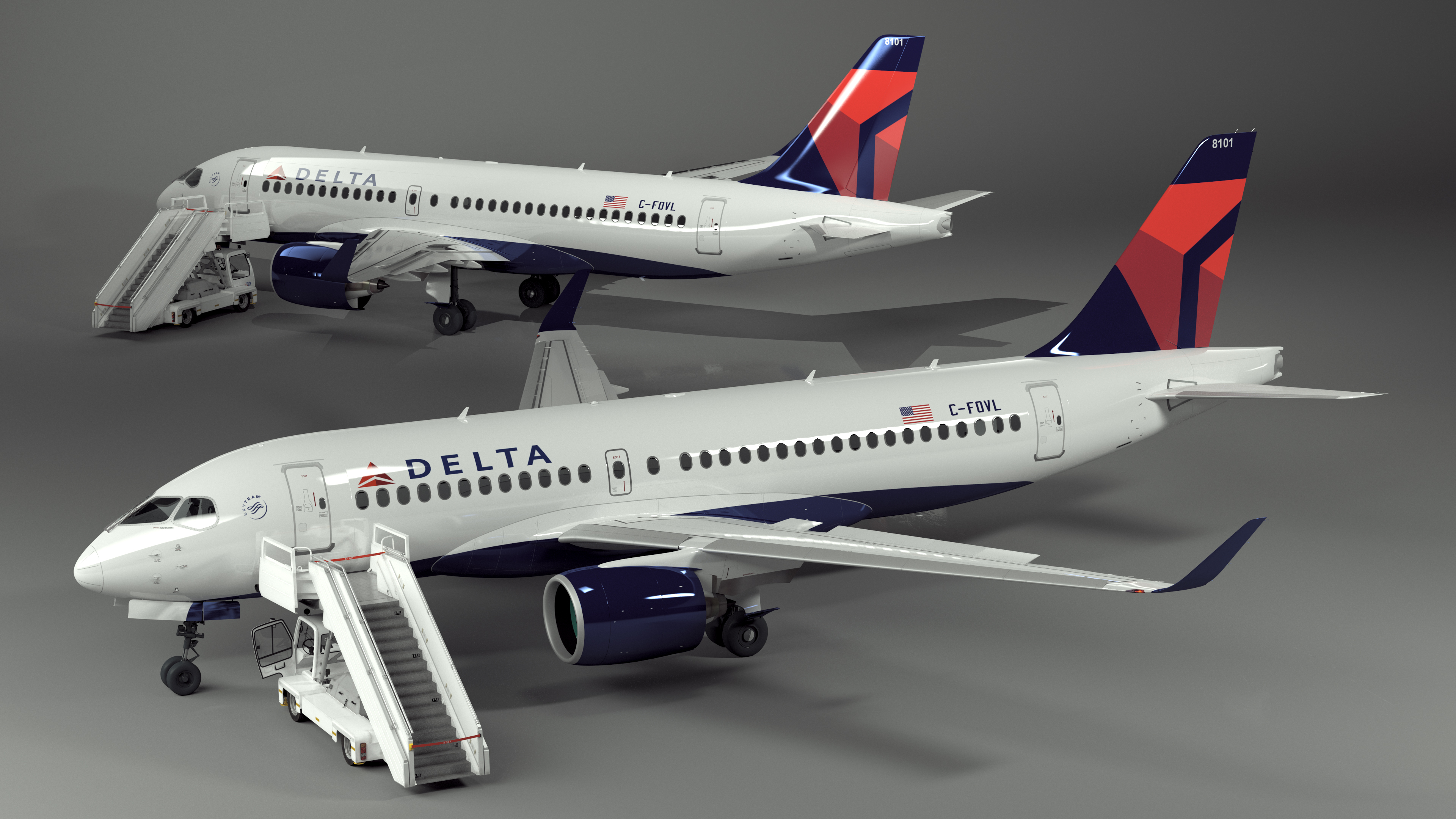 3D Airbus Delta with Passenger Boarding Stairs Car Rigged for Cinema 4D model