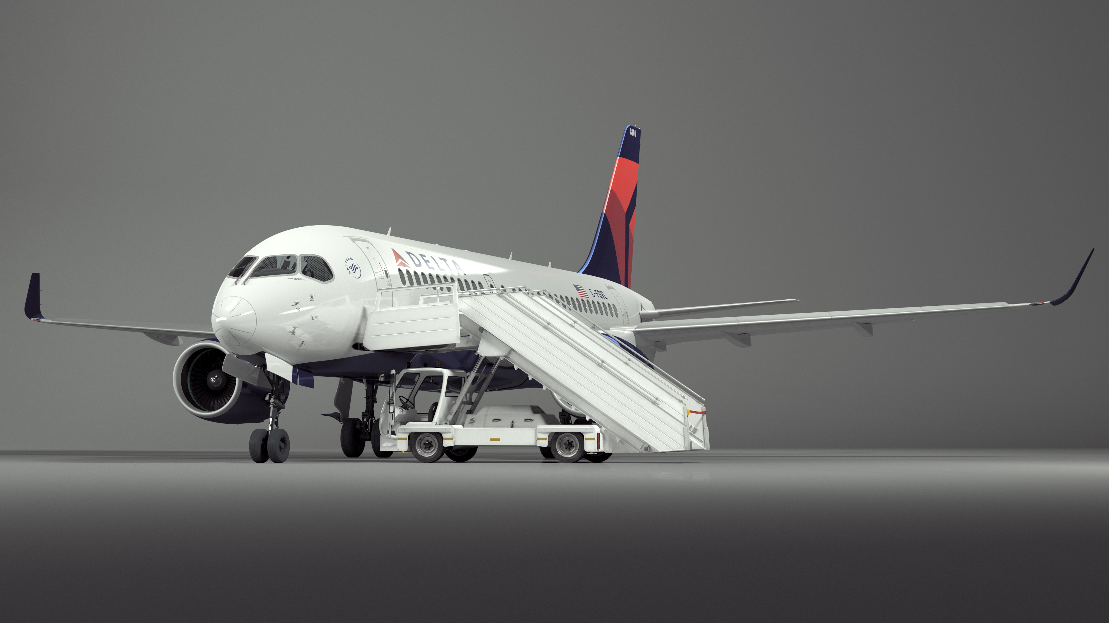 3D Airbus Delta with Passenger Boarding Stairs Car Rigged for Cinema 4D model