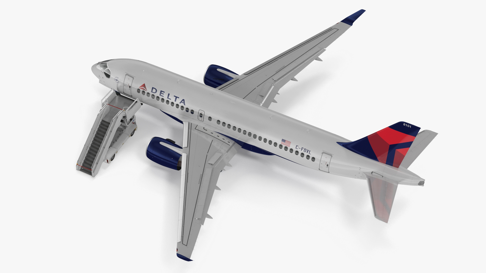 3D Airbus Delta with Passenger Boarding Stairs Car Rigged for Cinema 4D model