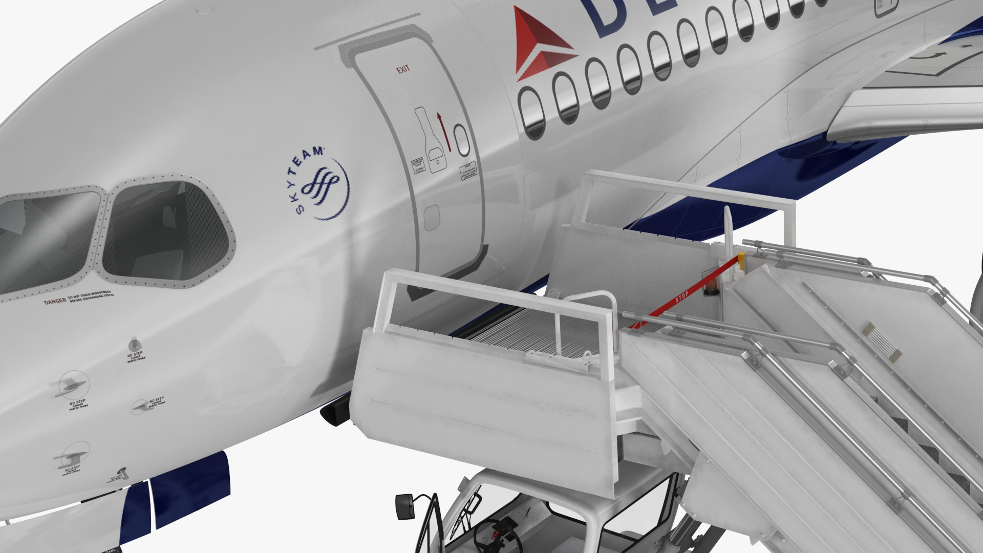 3D Airbus Delta with Passenger Boarding Stairs Car Rigged for Cinema 4D model