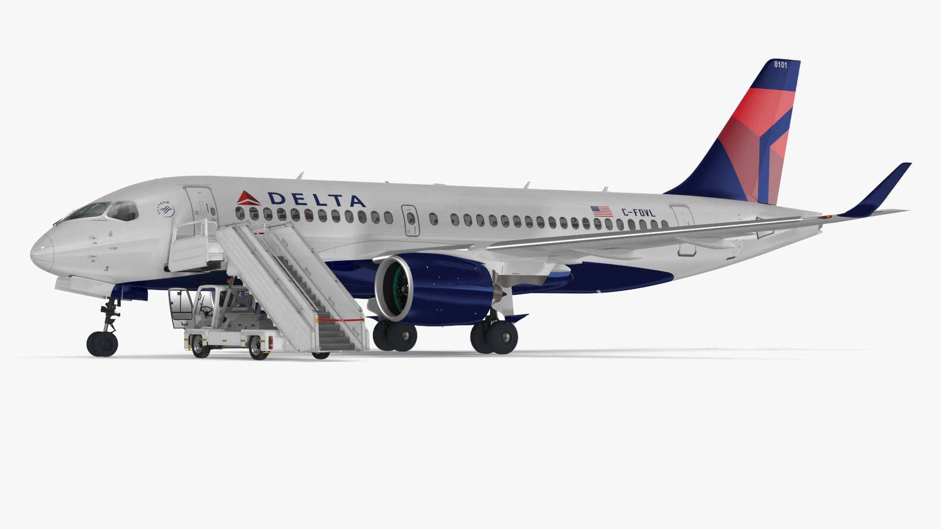3D Airbus Delta with Passenger Boarding Stairs Car Rigged for Cinema 4D model