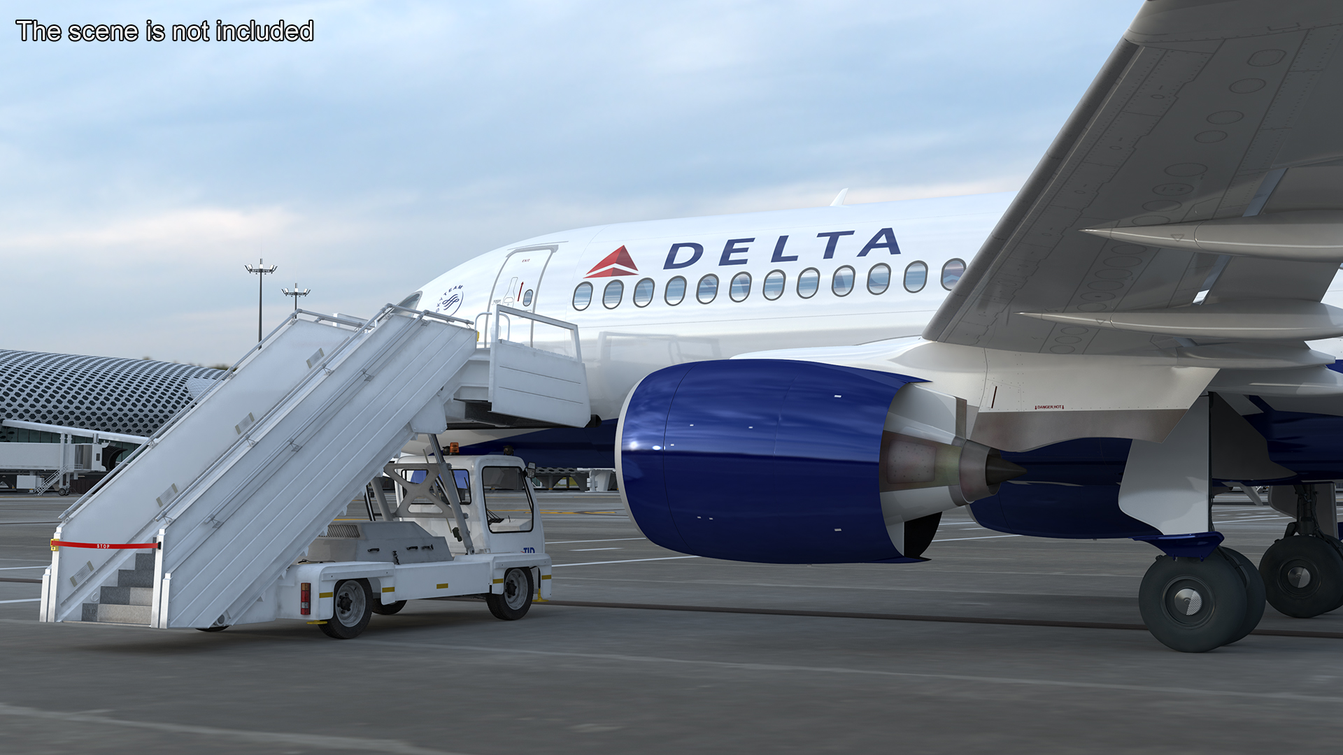 3D Airbus Delta with Passenger Boarding Stairs Car Rigged for Cinema 4D model