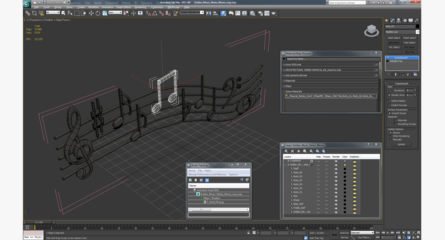 Golden Music Notes Waves 3D model
