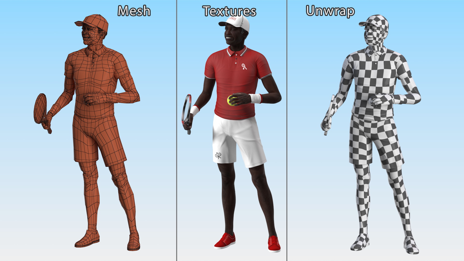 3D Elderly Afro American Man in Tennis Outfit Standing