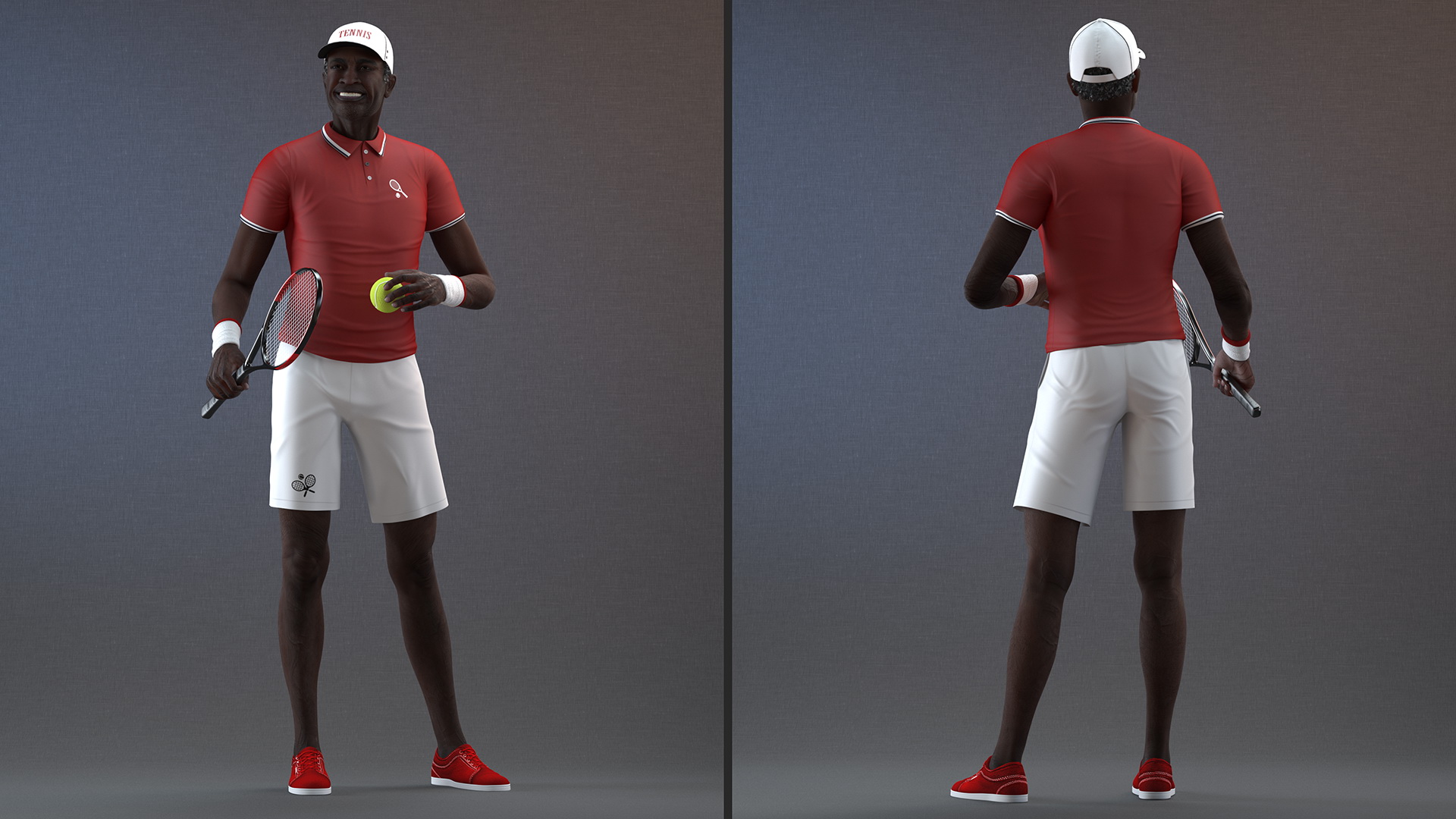 3D Elderly Afro American Man in Tennis Outfit Standing
